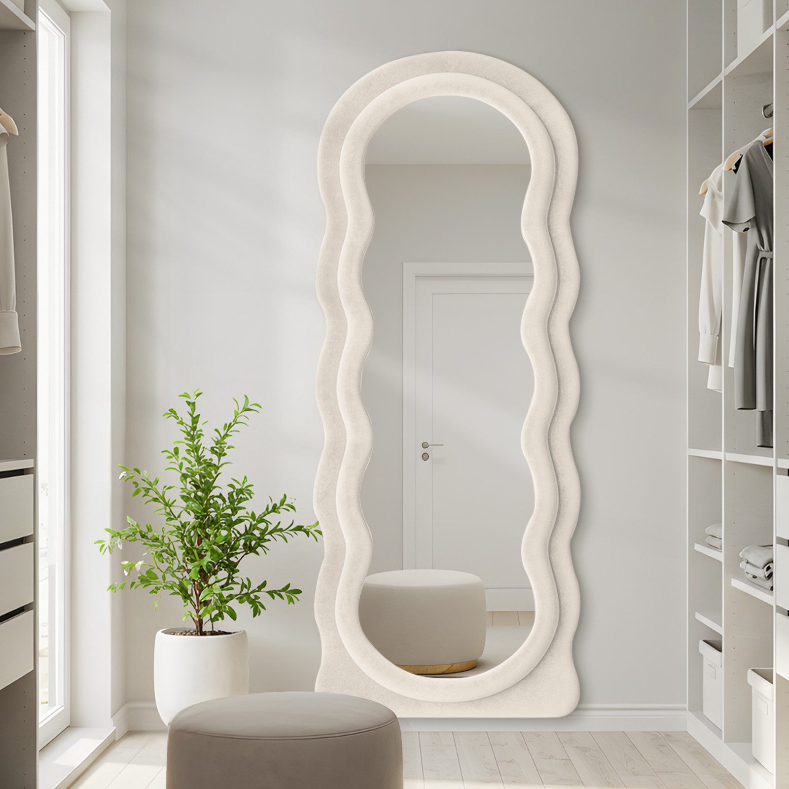 LUNAMIRROR Ganzkörperspiegel im gewellte Form, Samtbezug, Holzrahmen (1-St), stehend & hängend, 160x60 cm, Weiß/Beige
