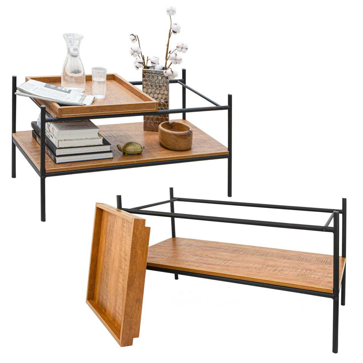 Metall Tablett Tisch, cm DuneDesign Couchtisch + Vintage Tisch Holz Beistelltisch Couchtisch 90x44