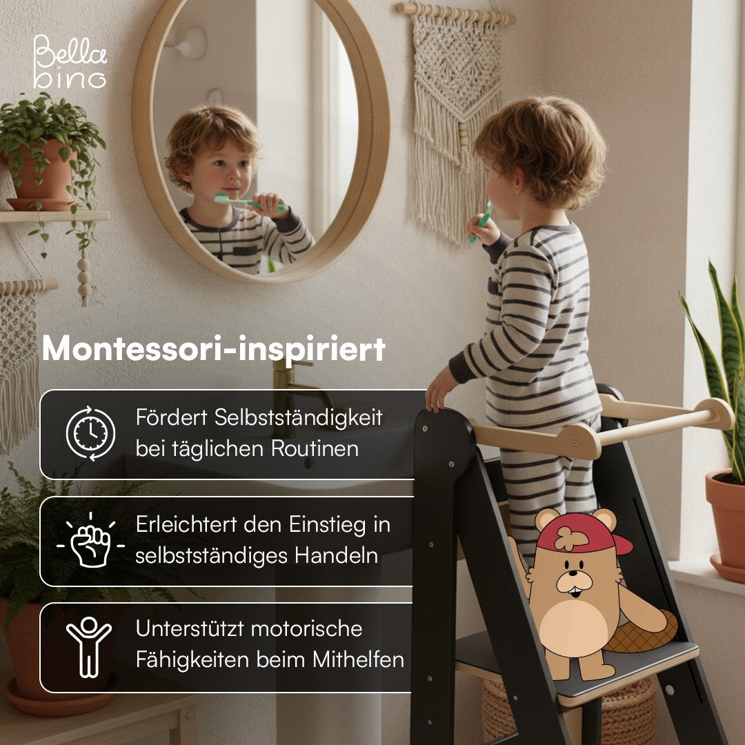 Bellabino Stehhilfe Tay 2-Fach höhenverstellbar & klappbar (Grau/Natur), Lernturm aus Birkenholz, Montessori Tritthocker