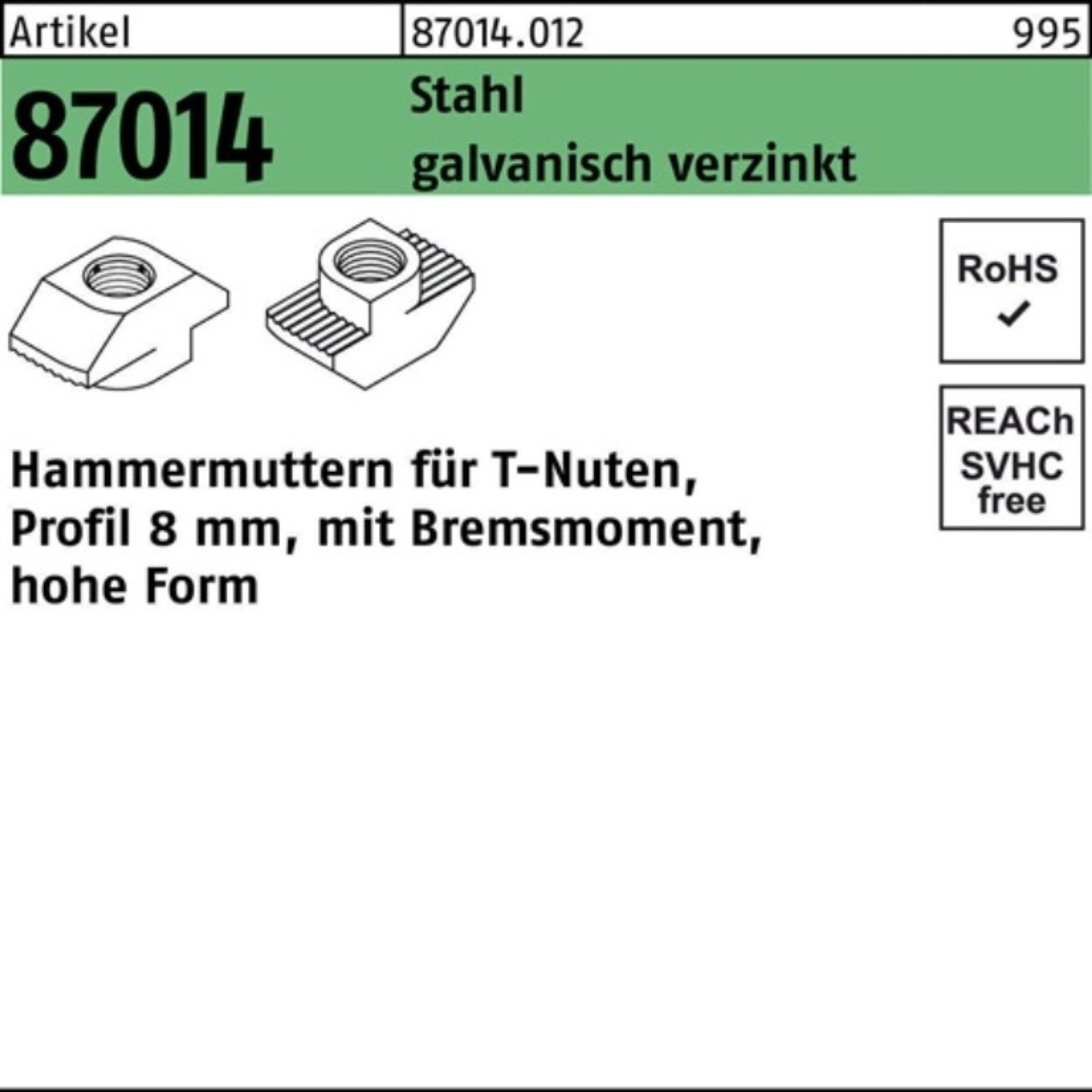 Reyher Hammer 1000er Pack Hammerkopfmutter R 87014 Bremsmoment hoch 8mm M5 Stahl gal