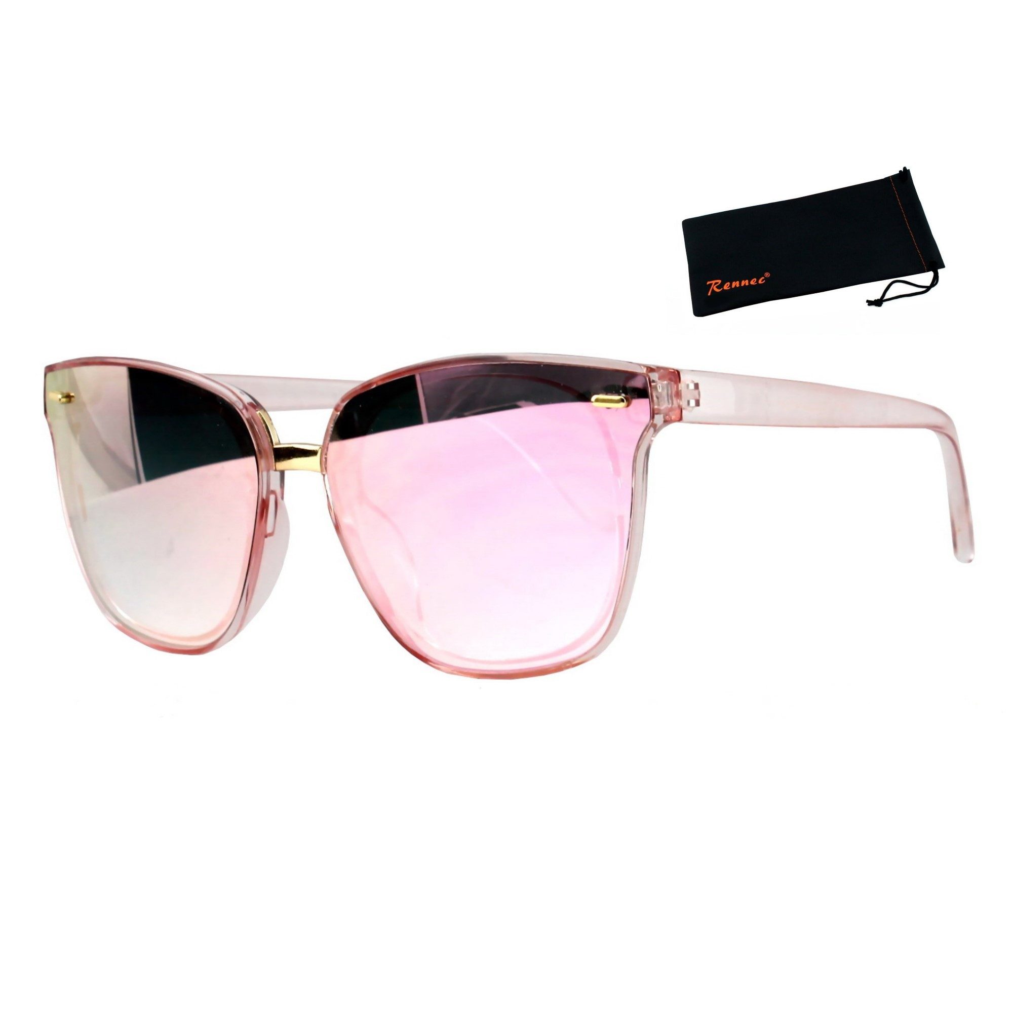 Rennec Sonnenbrille (Cateye Sonnenbrille Damen Große Gläser mit Brillenbeutel) Oversized Katzenaugen Gläser Verspiegelt oder Getönt