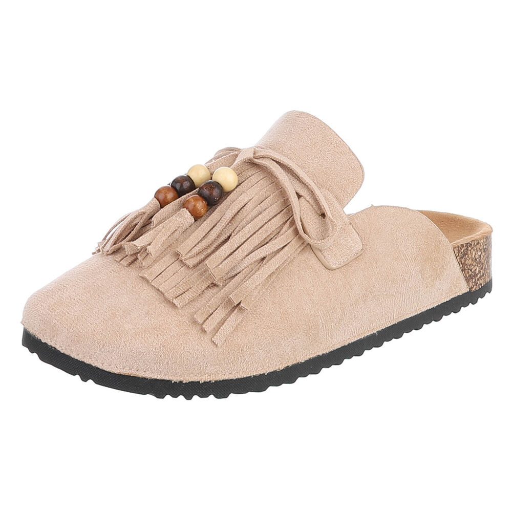 Ital-Design Damen Clog mit Fransen und Perlen, Schlupfschuh Pantolette (91742385) Flach Pantoletten in Beige