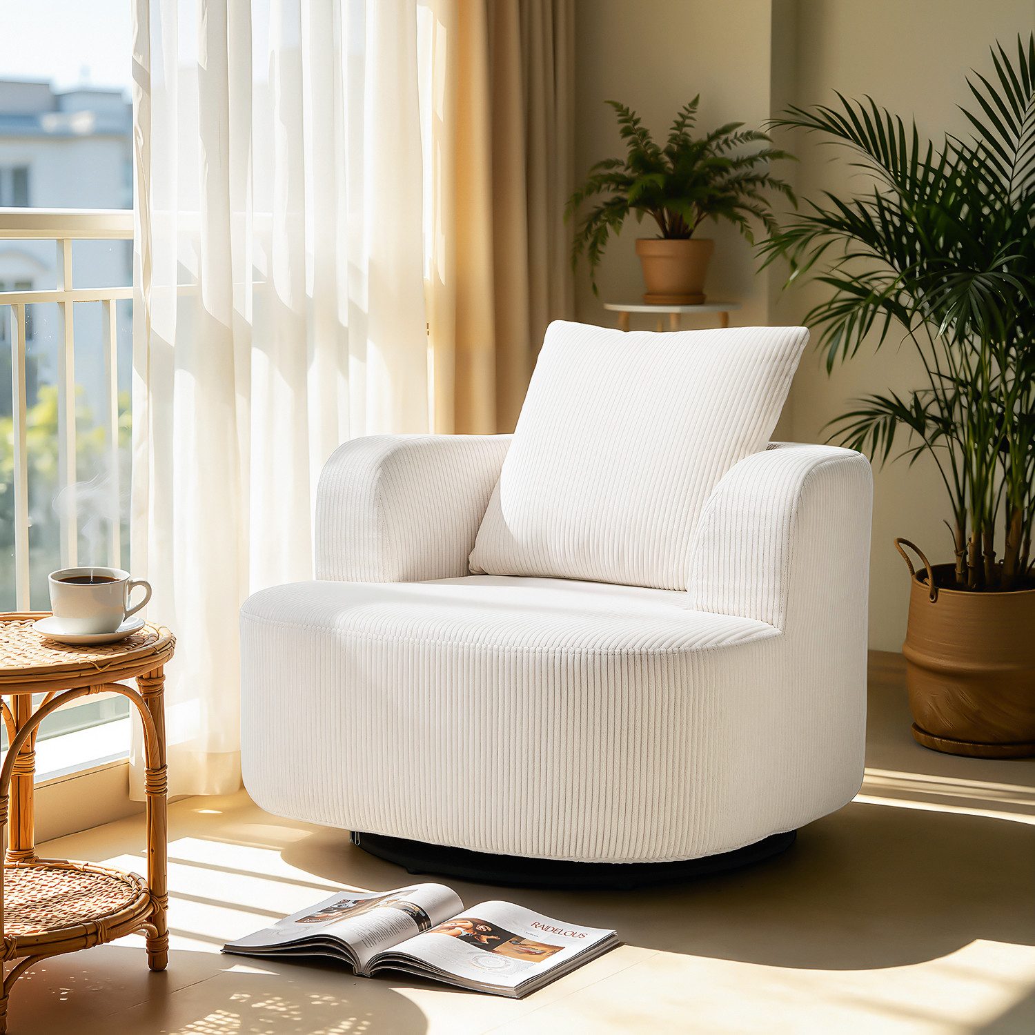 oyajia Drehsessel 360° Bequemer Drehstuhl mit Armlehne, vakuumiert (Ergonomischer drehsessel aus Cordstoff,mit 1 großen Kissen, 86x86x60 cm für Erwachsene und K – Bild 3 von 5
