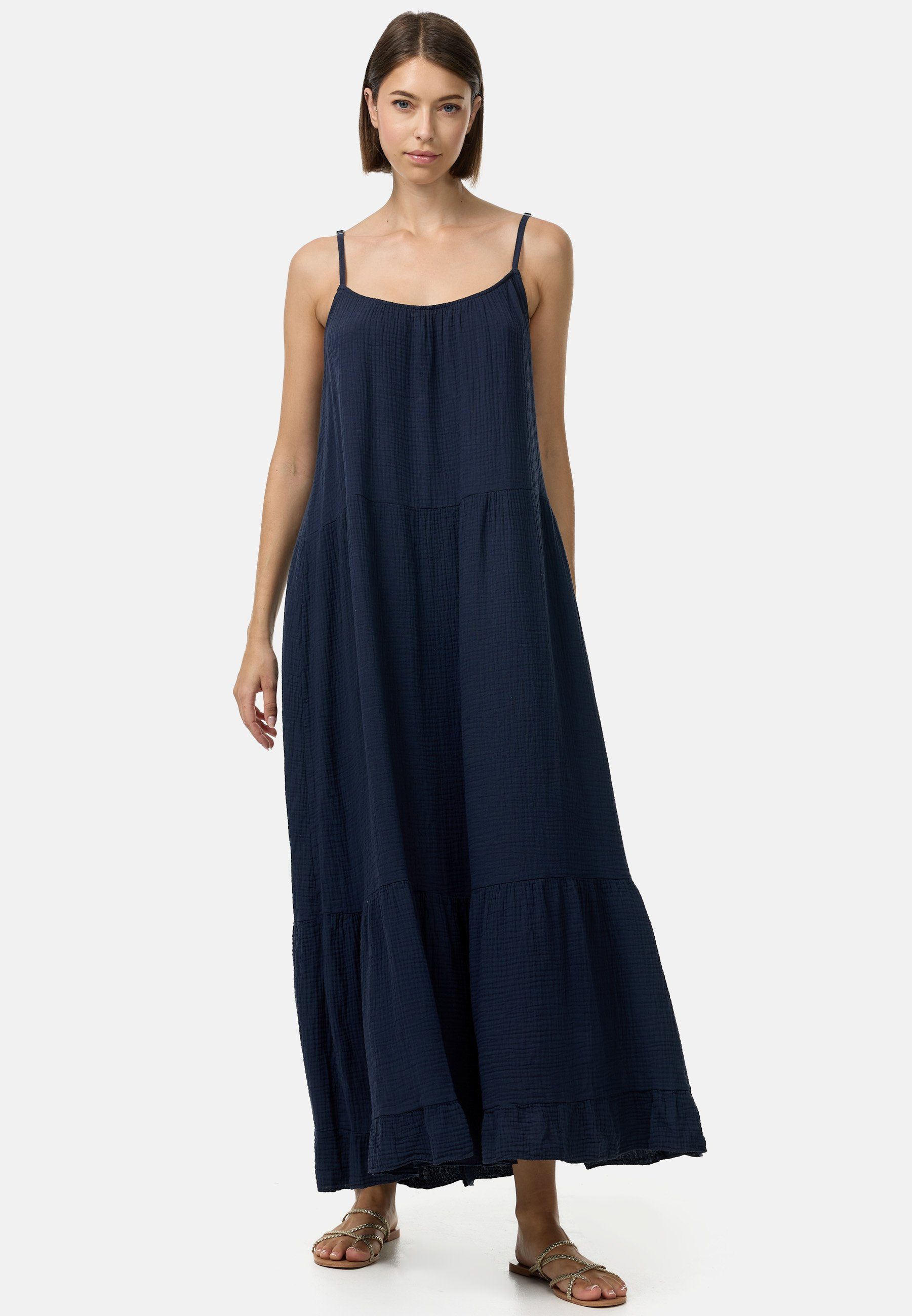 Rayshyne Maxikleid PM48 (Romantisches Maxikleid aus Musselin mit Spaghettiträgern) mit Rüschen, Atmungsaktiv, Hautfreundlich
