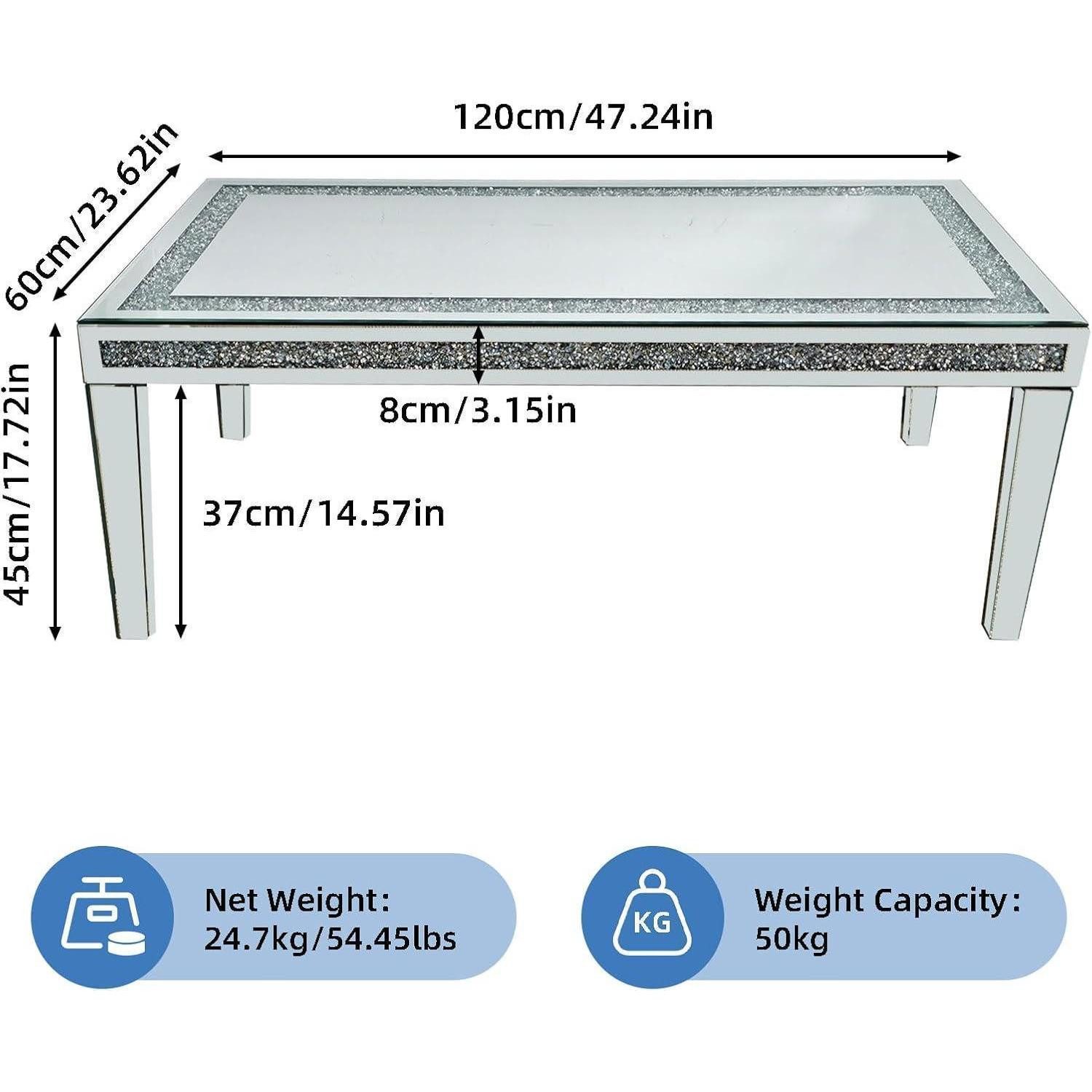 LuxusKollektion Couchtisch Couchtisch Glas Kristall Verspiegelt Silber Diamant 120 x 60 x 45 cm