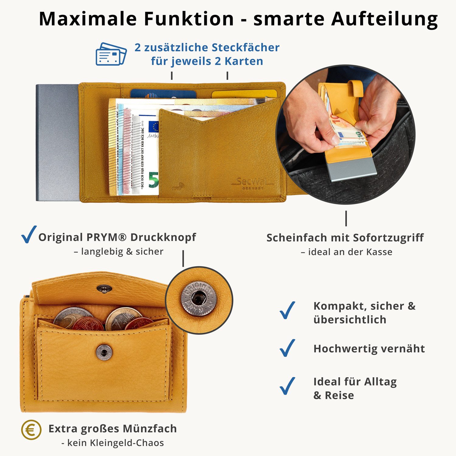 SecWal Geldbörse, Kartenetui mit Münzfach Druckknopf, Slim Wallet, RFID Schutz, Geldbeutel klein, für Damen und Herren