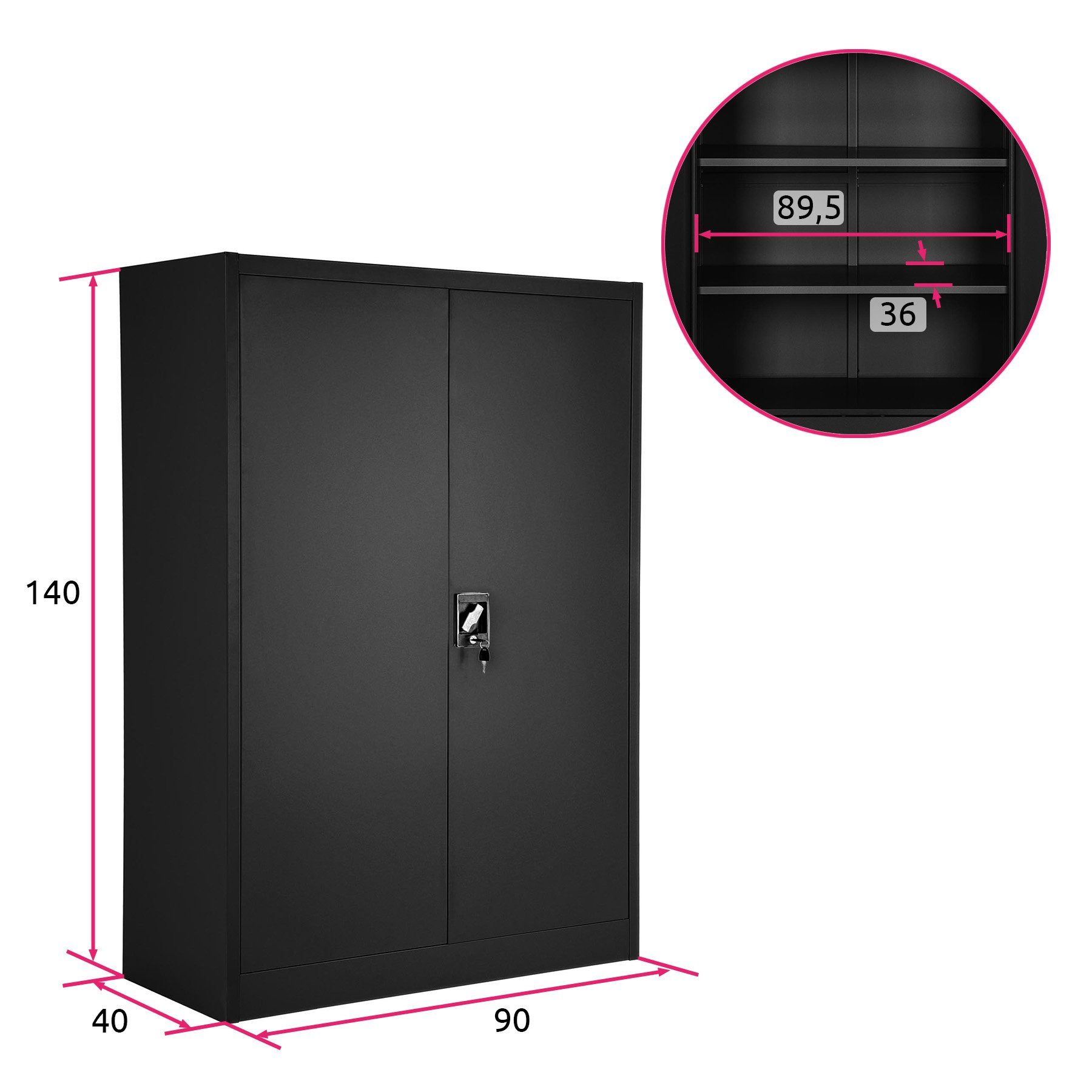 Schlüssel) | 4 Aktenschrank 140x90x40cm Aktenschrank schwarz Böden schwarz tectake Aktenschrankschlüssel mit inkl. 1-St., (Komplettset,