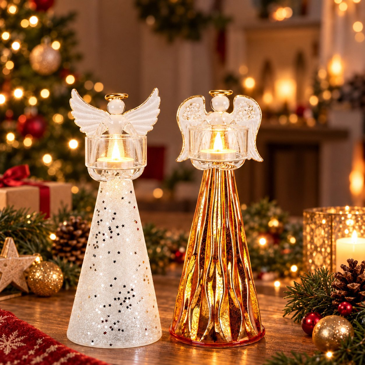 Weltbild LED-Dekofigur LED Engel mit Teelichthalter 2er Set Glas Deko Kerzenhalter, Weihnachtsdeko Adventsdeko Lichterdeko Tischdeko Winterdeko