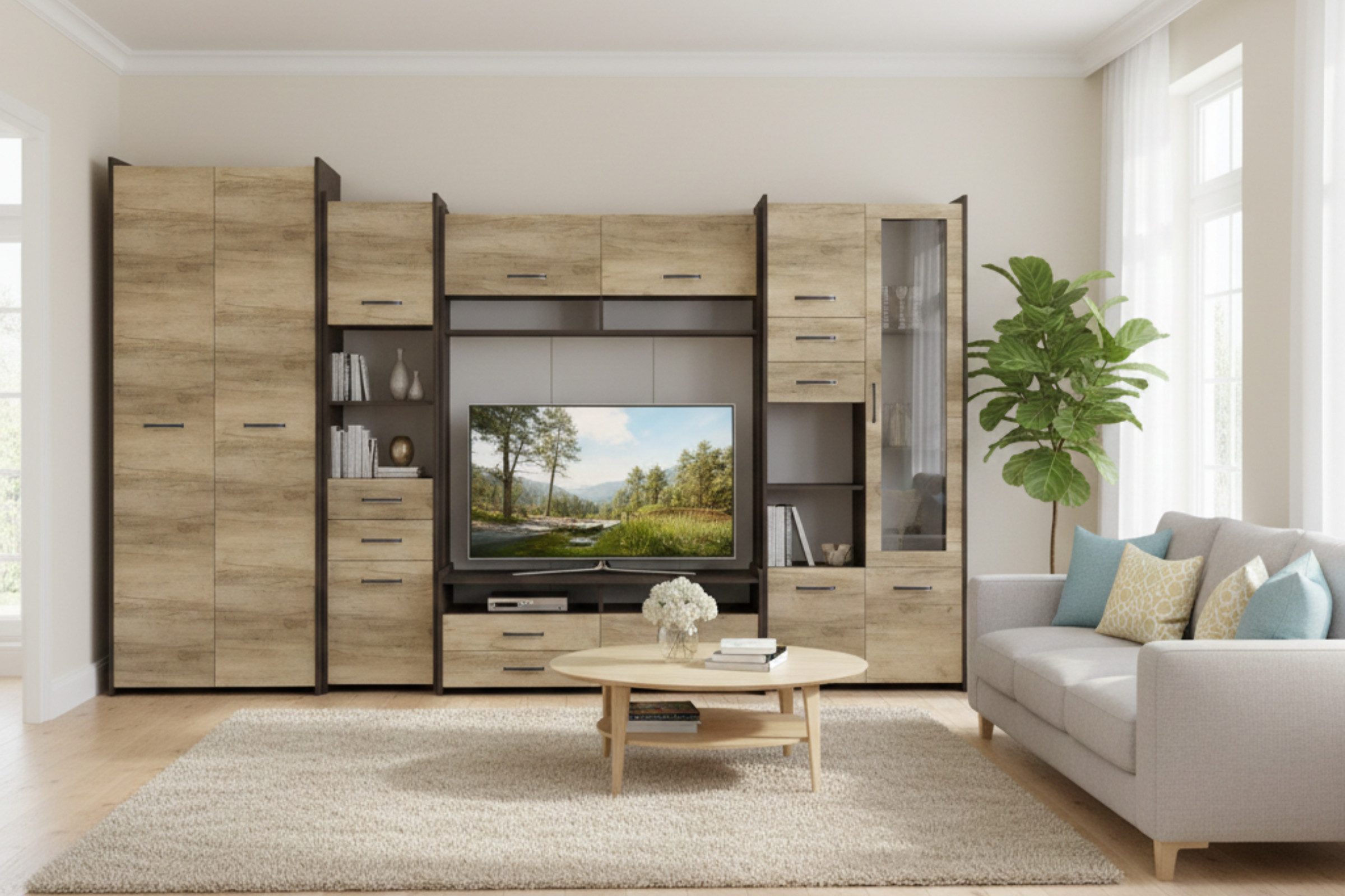 Deine Möbel 24 Wohnwand MAURO S 310 cm – Große moderne Wohnzimmerschrankwand, (Set, 1-St., Eiche Canterbury / Eiche Country Grey, Wohnwand mit viel Stauraum), mit TV-Board, Vitrine, Schrank und Regalen