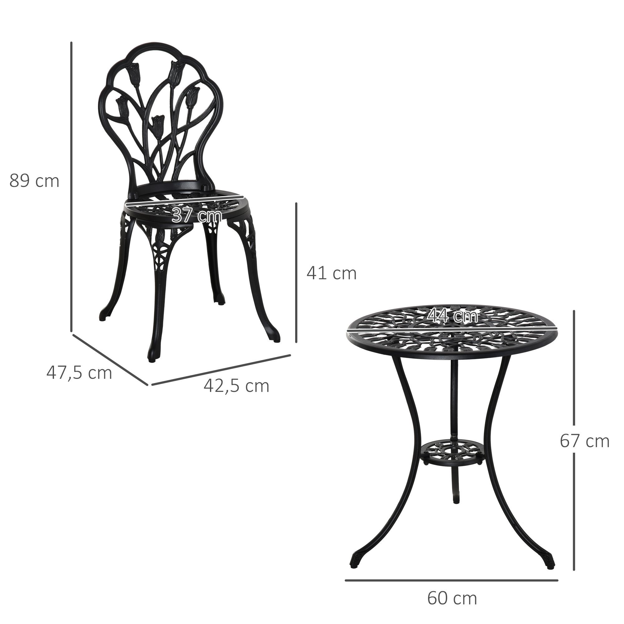 Outsunny Balkonset Bistro-Set mit geschnitztem Design, Sitzgruppe mit Gartenstühlen, (Balkonmöbel-Set, 3-tlg., Gartenmöbel-Set), Aluminium Schwarz Ø60 x 67H cm