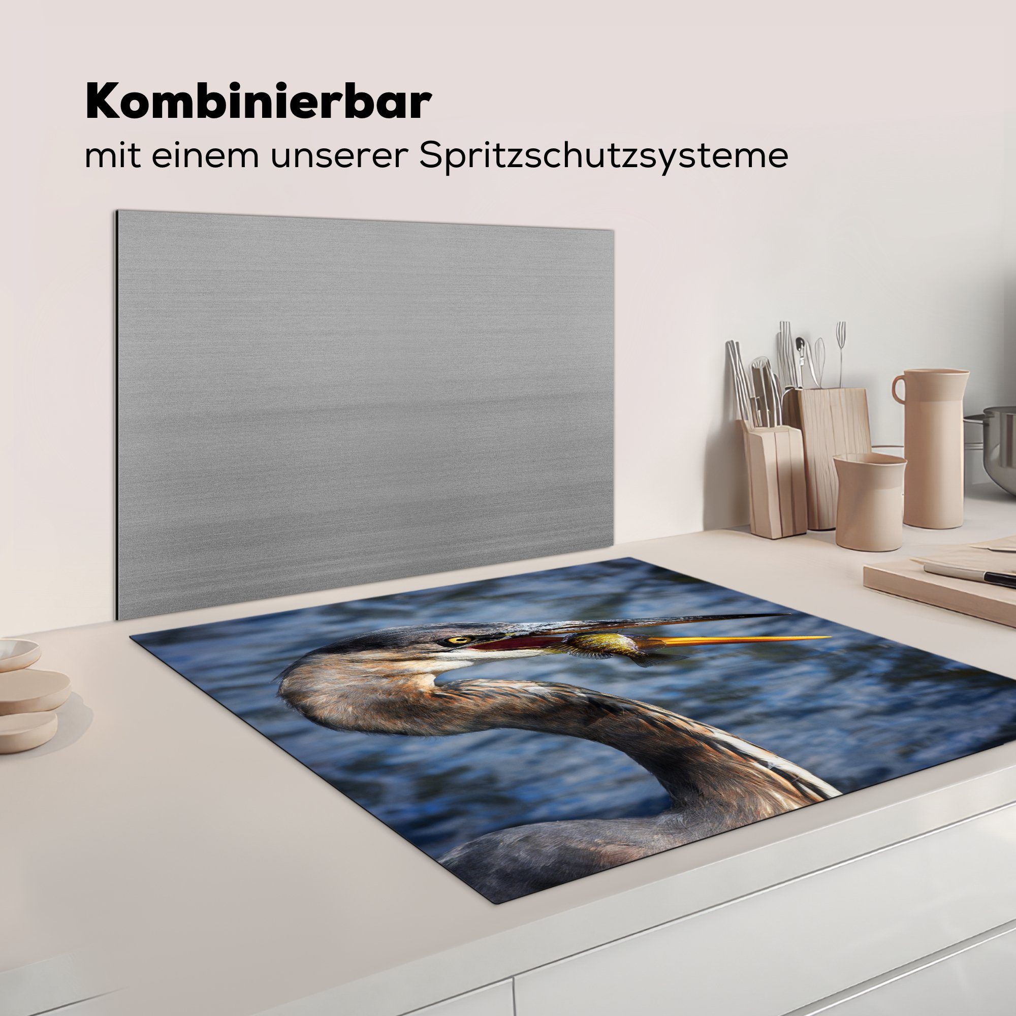 Fisch, Reiher frisst tlg), (1 Arbeitsplatte einen Herdblende-/Abdeckplatte küche Ceranfeldabdeckung, cm, MuchoWow 78x78 für Vinyl,