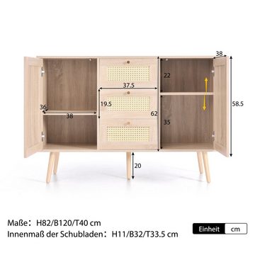 WISHDOR Sideboard Beistellschrank Schubladenschrank, Mit 2 Türen und 3 Schubladen, Rattan Sonoma Eiche, Verstellbare Ablage