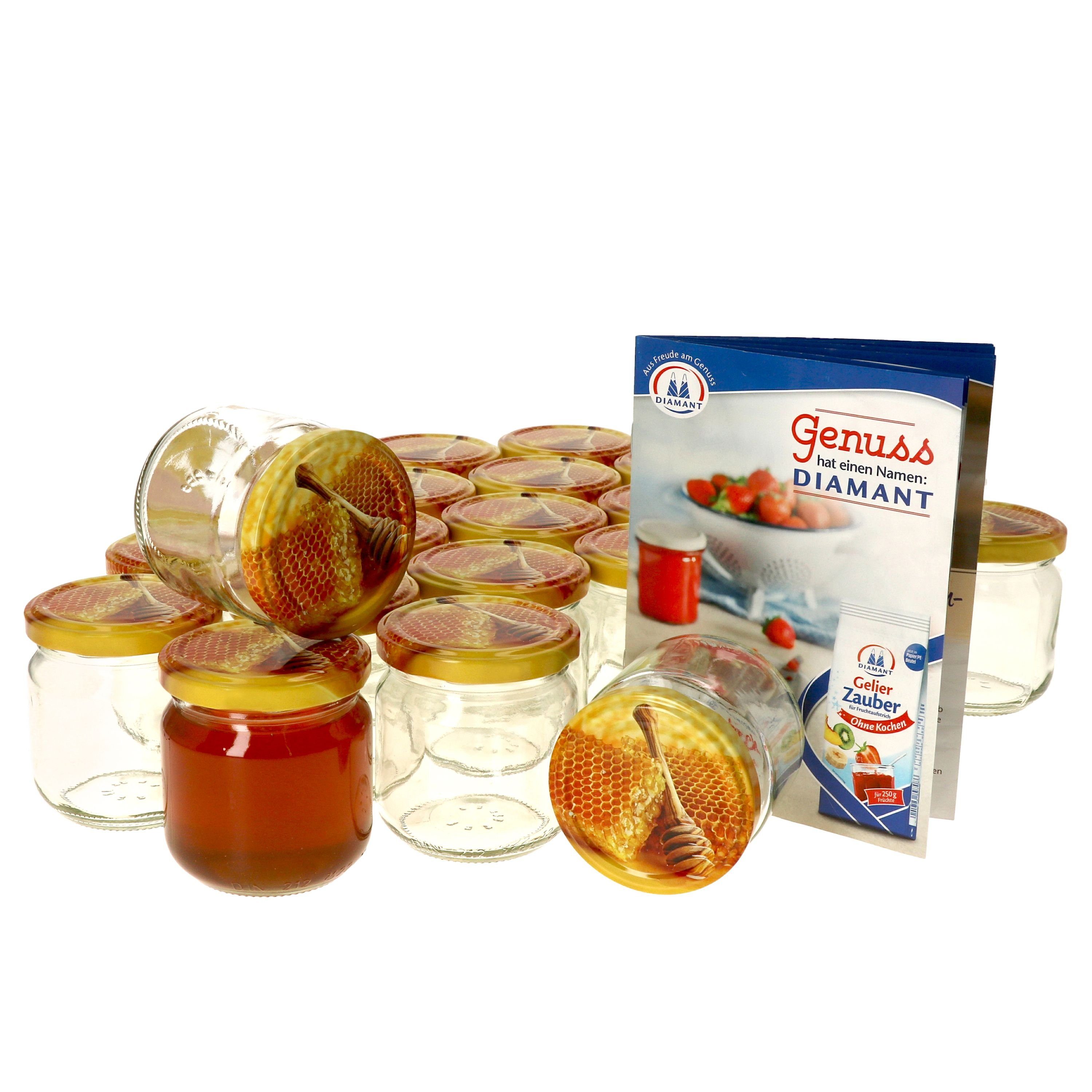 Honigwabe Rezeptheft, Rundglas Carino MamboCat 212 nieder 24er mit ml Deckel Einmachglas Set Glas