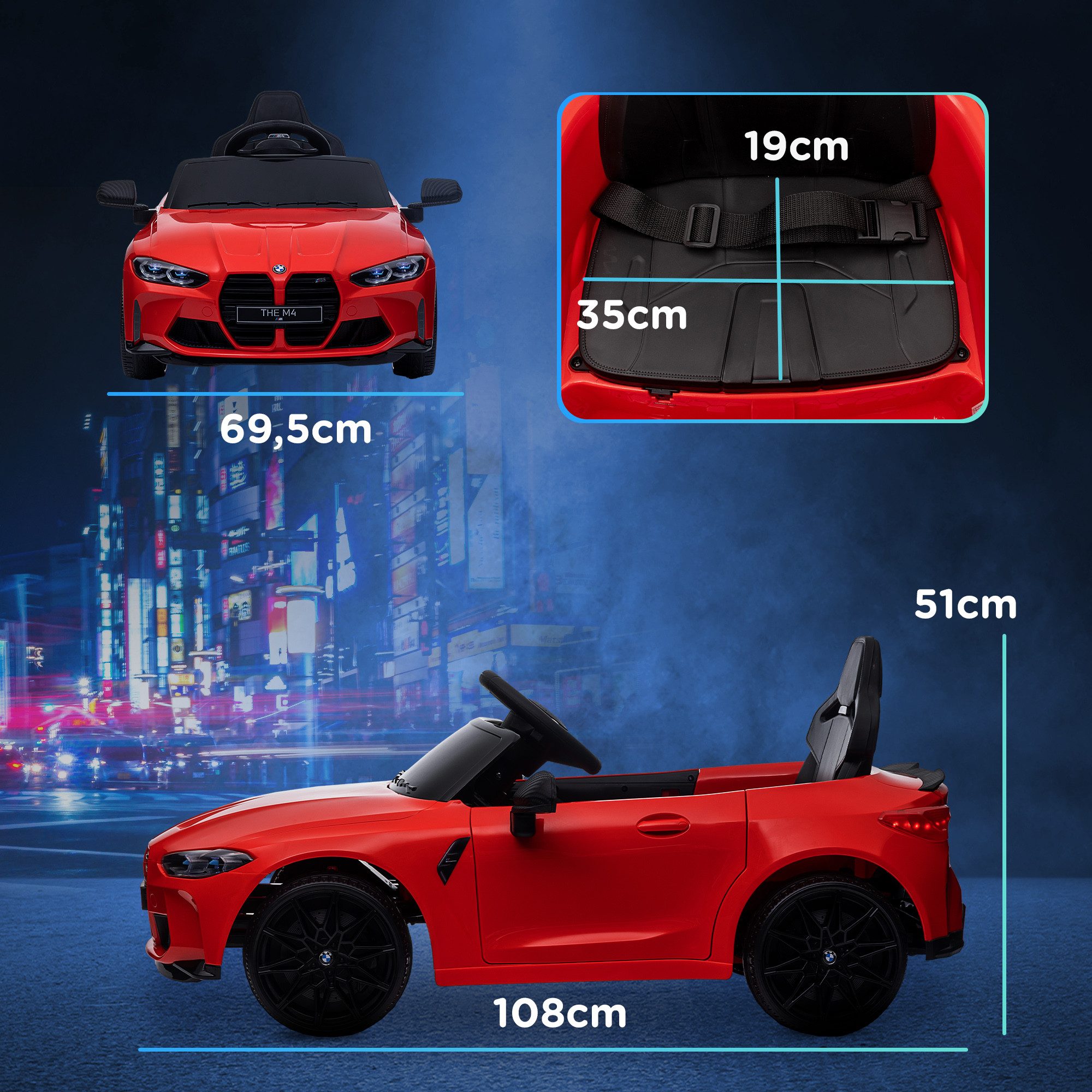 AIYAPLAY Elektro-Kinderauto 12V Kinderauto mit 2,4G-Fernbedienung, MP3, USB, LED-Lichte, Hupe, Belastbarkeit 30 kg, (1-tlg), für Kinder 3-5 Jahre, Rot
