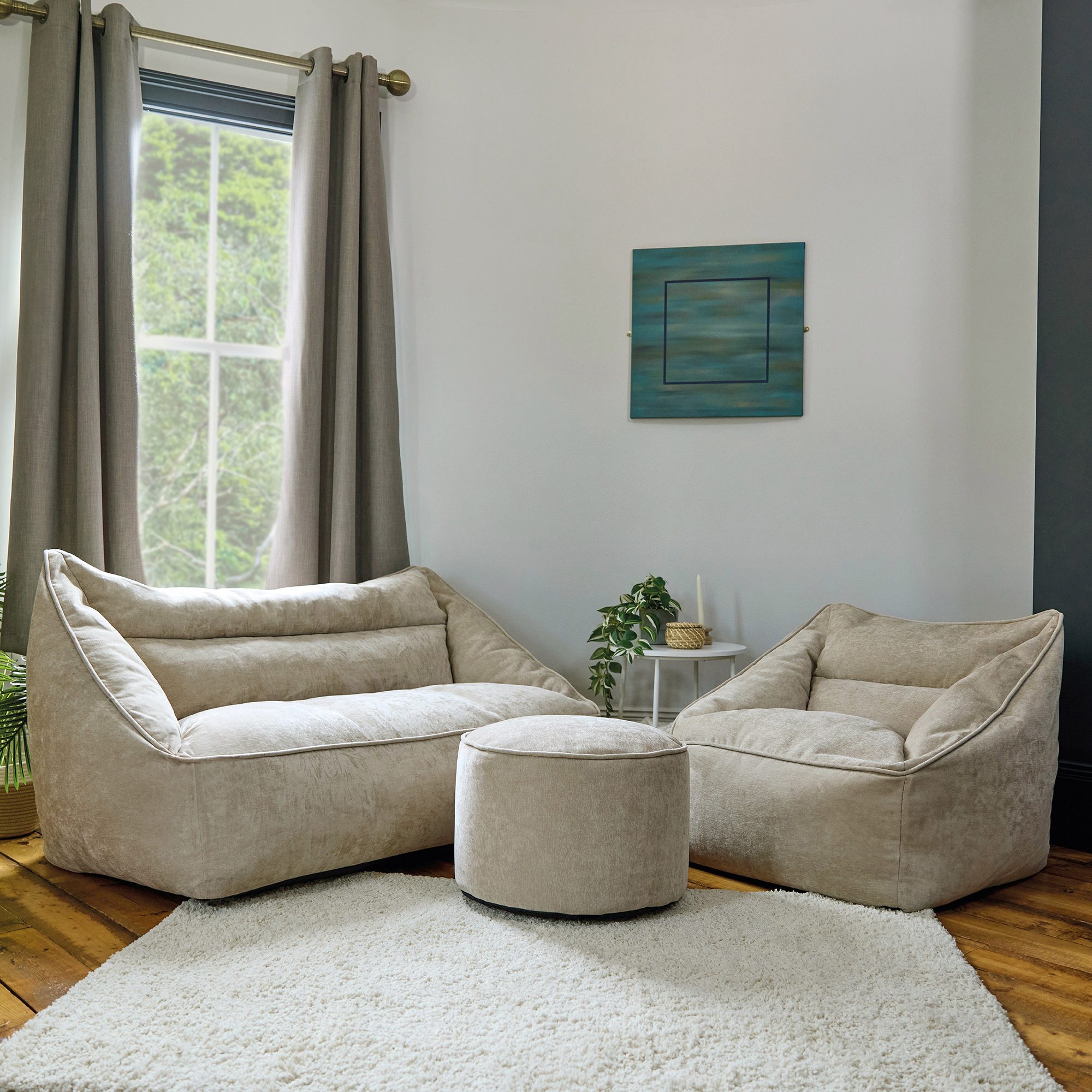 icon Sitzsack Sofa und Sessel aus Chenille „Cecilia" mit und runder Sitzpouf (Spar-Set, 1 x Sofa, 1 x Sessel, 1 x Hocker), Made in Germany, für Erwachsene, Sitzsack XXL