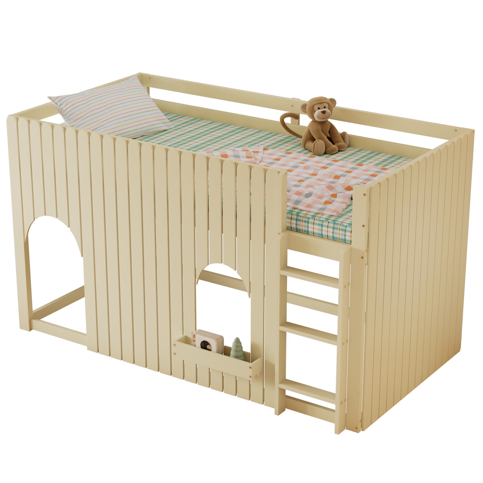 SOFTWEARY Hochbett mit RGB LED-Beleuchtung und Trittleiter (90x200 cm) Kinderbett mit Rausfallschutz und Regal, Kiefer