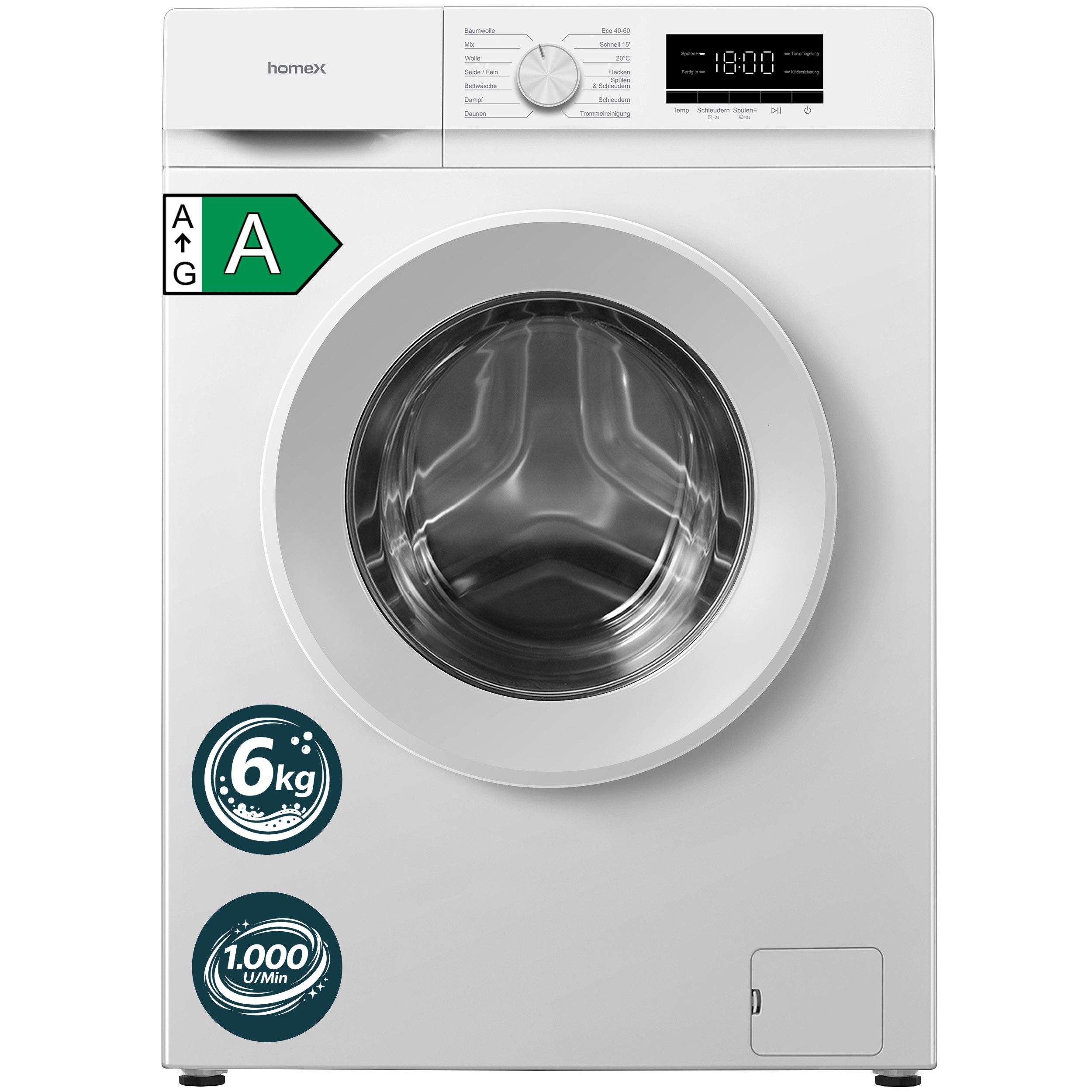 homeX Waschmaschine WF610K1A-W, 6 kg, 1000 U/min, Frontlader, Inverter Motor, AquaStop, 6kg, 39 cm Tiefe, EEK A, weiß