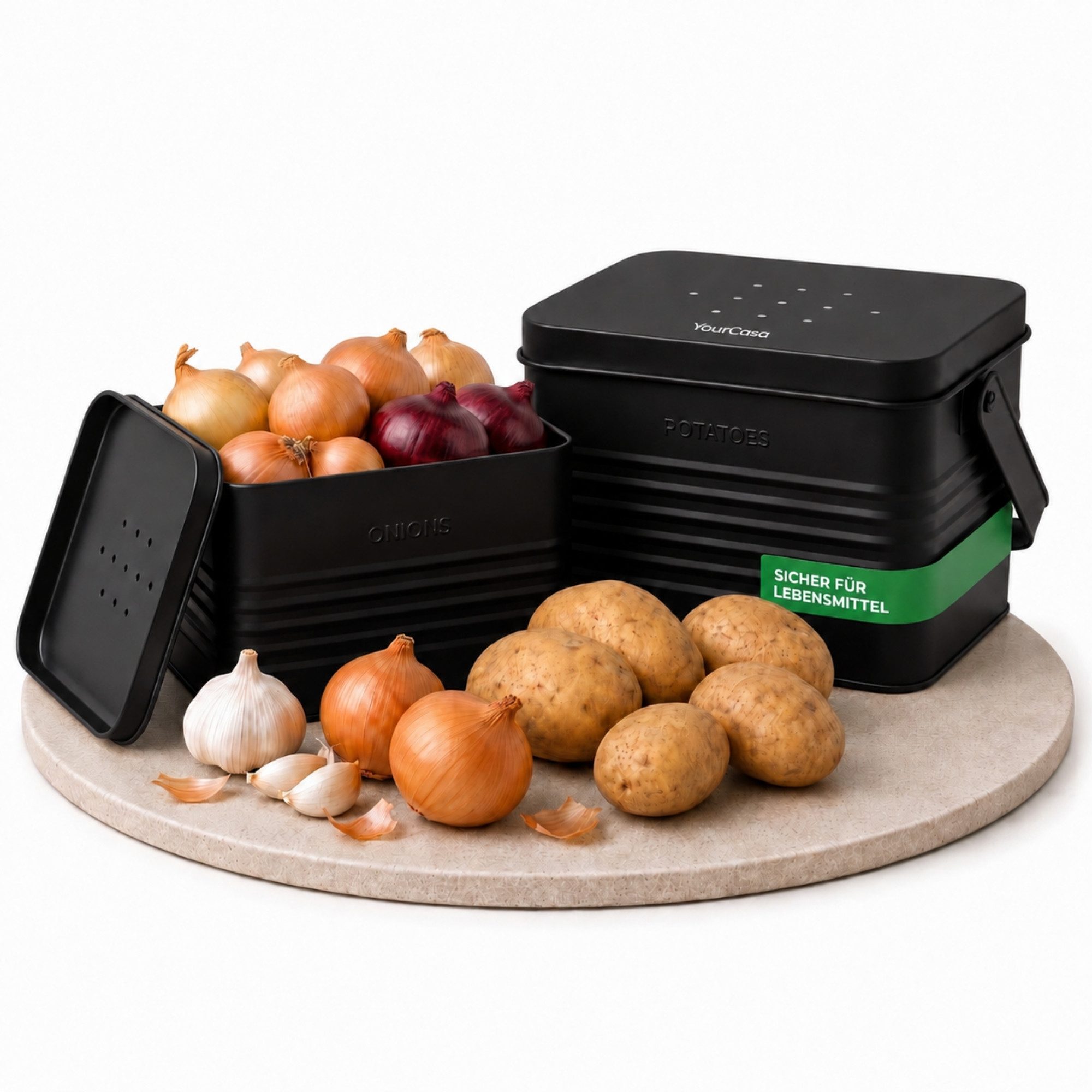 YourCasa Kartoffelkiste Storra Kartoffel Aufbewahrungsbox mit Deckel Zwiebelbehälter, 2er Set, Metallboxen, Lebensmittelsicher