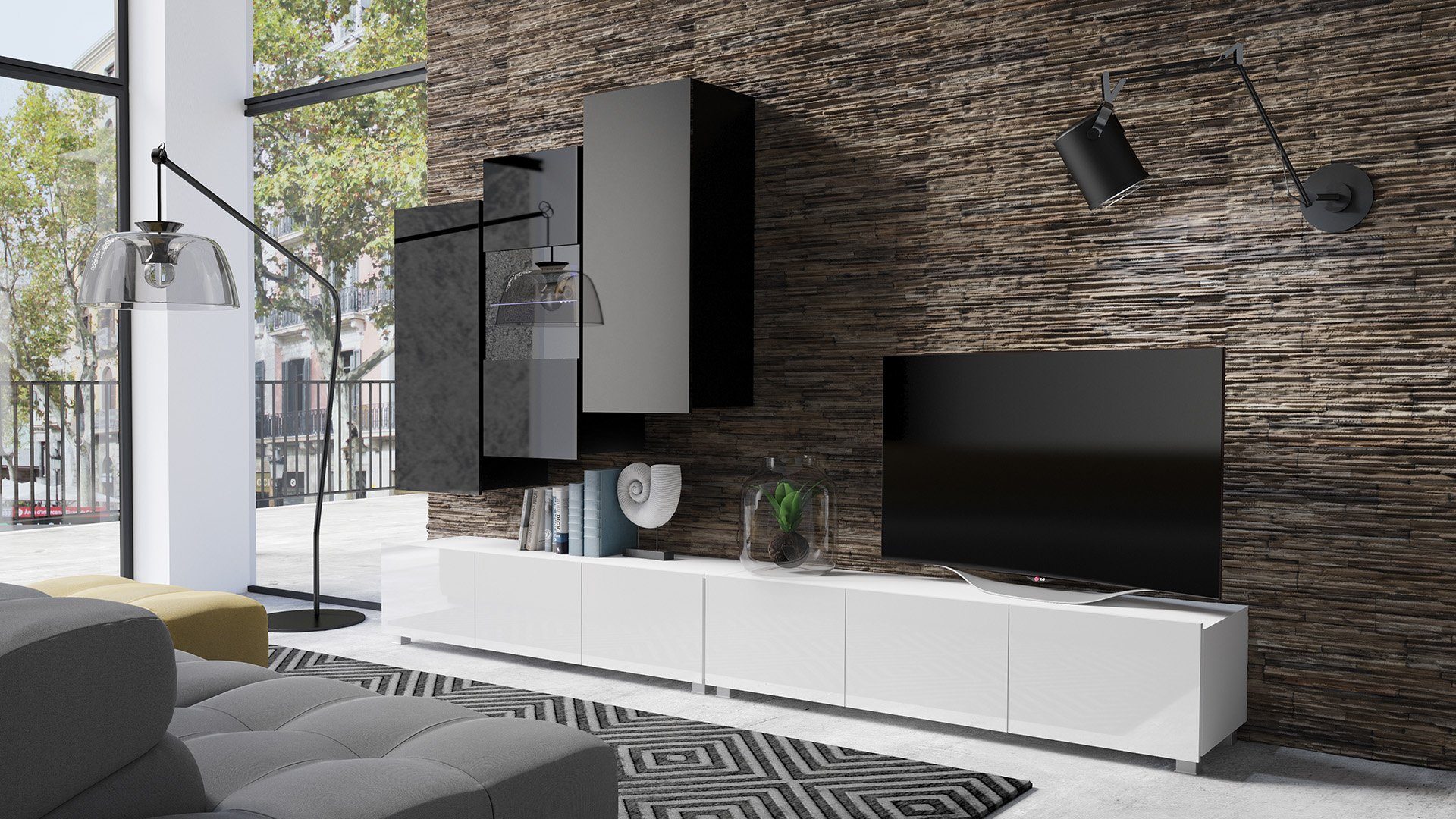 Stylefy Wohnwand Bietula, (Set (5-St), Wohnzimmer-Set), 7-teilig, wahlweise mit LED-Beleuchtung, Glaselemente, Modern Design Weiß Hochglanz - Schwarz Hochglanz