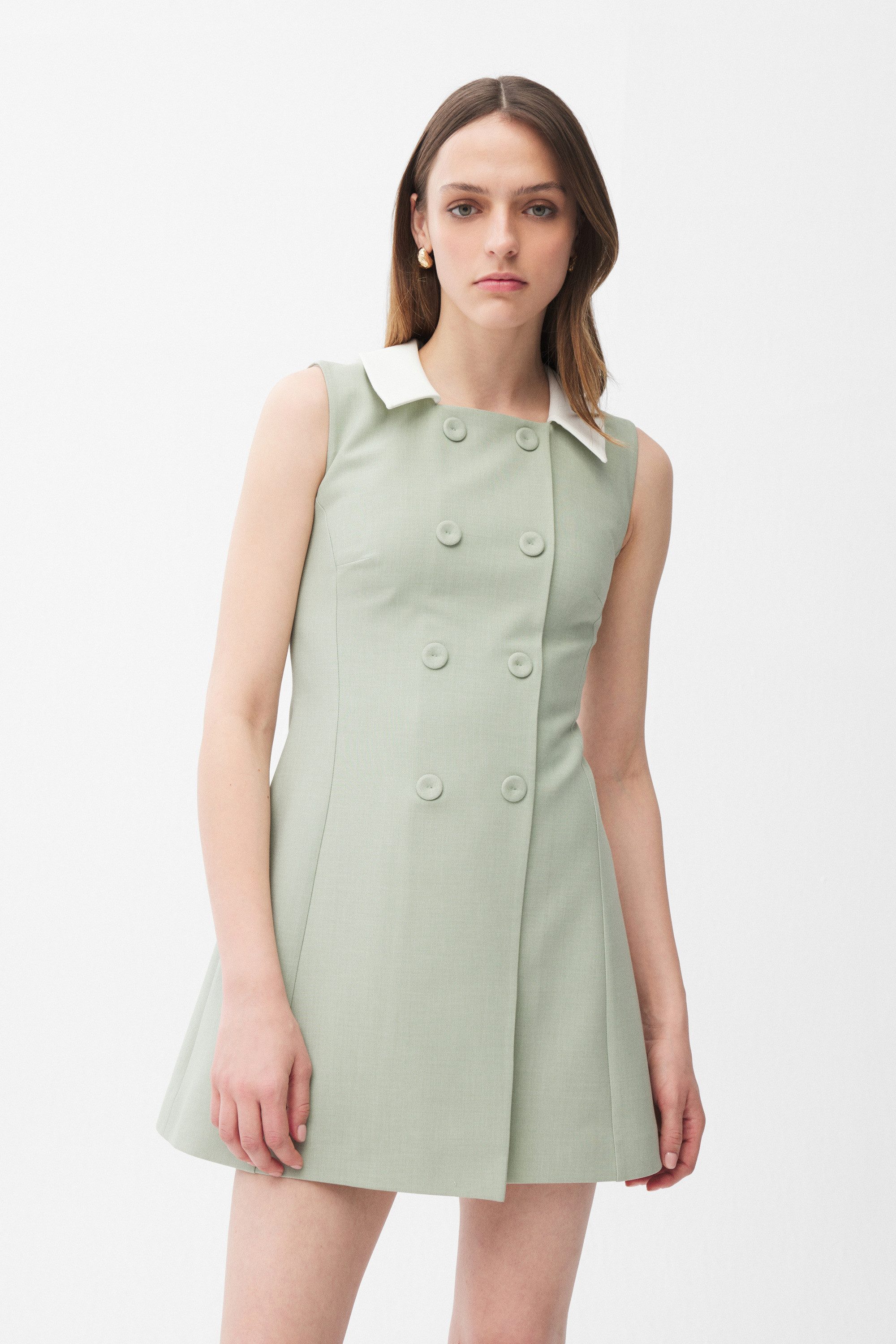 adL Shirtkleid Ärmelloses doppelreihiges Mini-Kleid mit Kontrastkragen