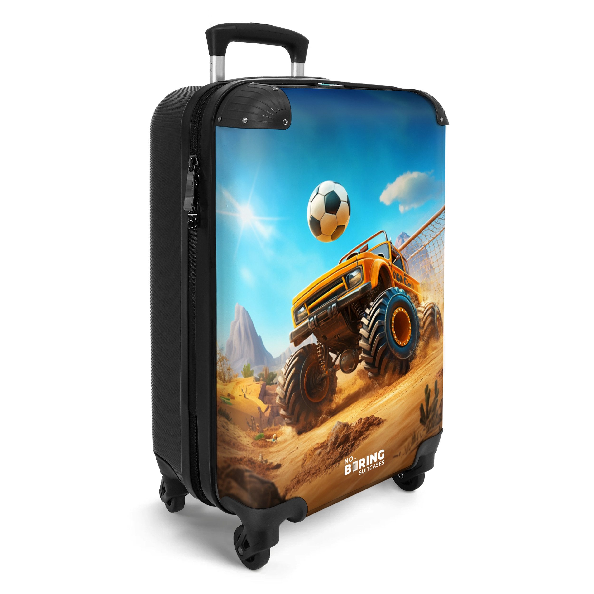 NoBoringSuitcases.com© Kinderkoffer Monstertruck schießt Tor im Wüstenstadion 55x35x20cm, 4 Rollen, Handgepäck Koffer, Hartschalenkoffer Kinder, Reisekoffer Jungen