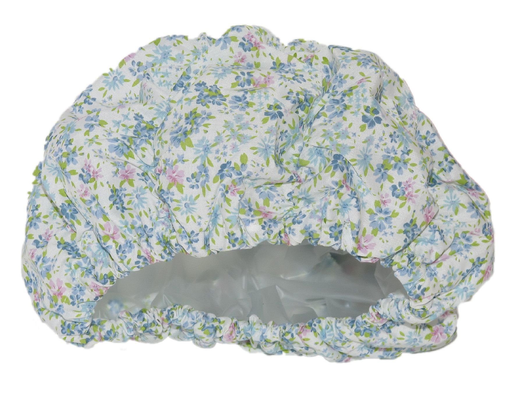Fashy Duschhaube Fashy - Duschhaube weiß Blumen blau 3628 Stoffhaube Folieninnenhaube