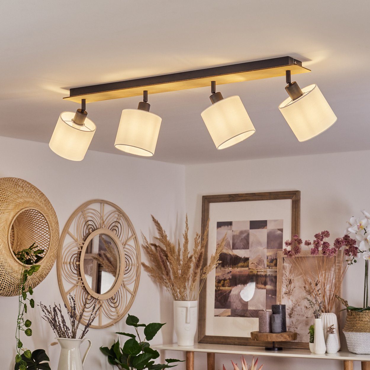 »Costa« in aus im verstellbaren 4xE14 Leuchtmittel, Design Leuchte skandinavischen Holz/Metall/Stoff mit Deckenleuchte hofstein Deckenlampe ohne Schirmen, Natur/Schwarz/Weiß,