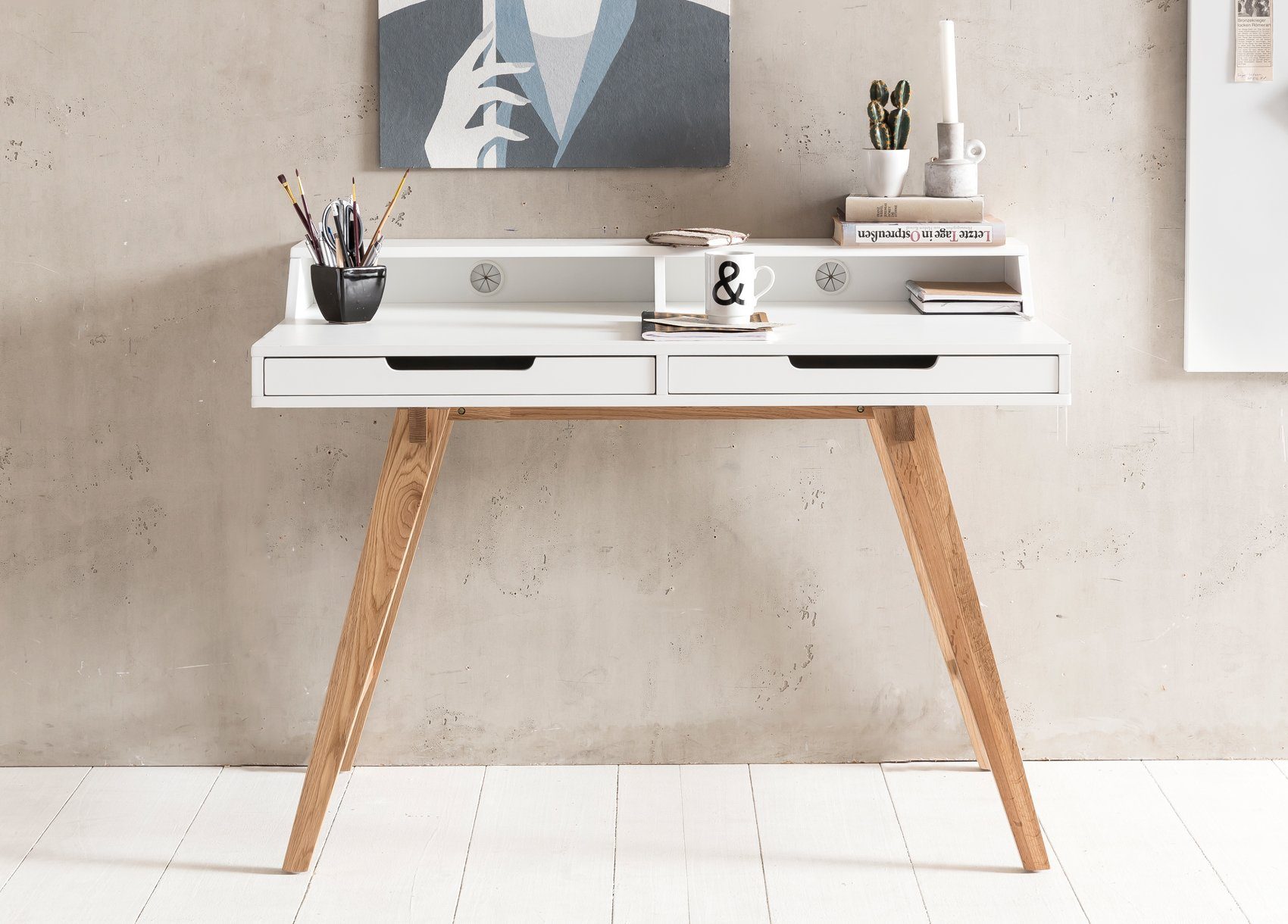 Wohnling Schreibtisch Schreibtisch 110cm MDF weiß Arbeitstisch Laptoptisch Bürotisch & Ablag (110 x 85 x 60 cm MDF-Holz Skandinavisch Weiß Matt), Laptoptisch mit Kabeldurchlass, Bürotisch Modern