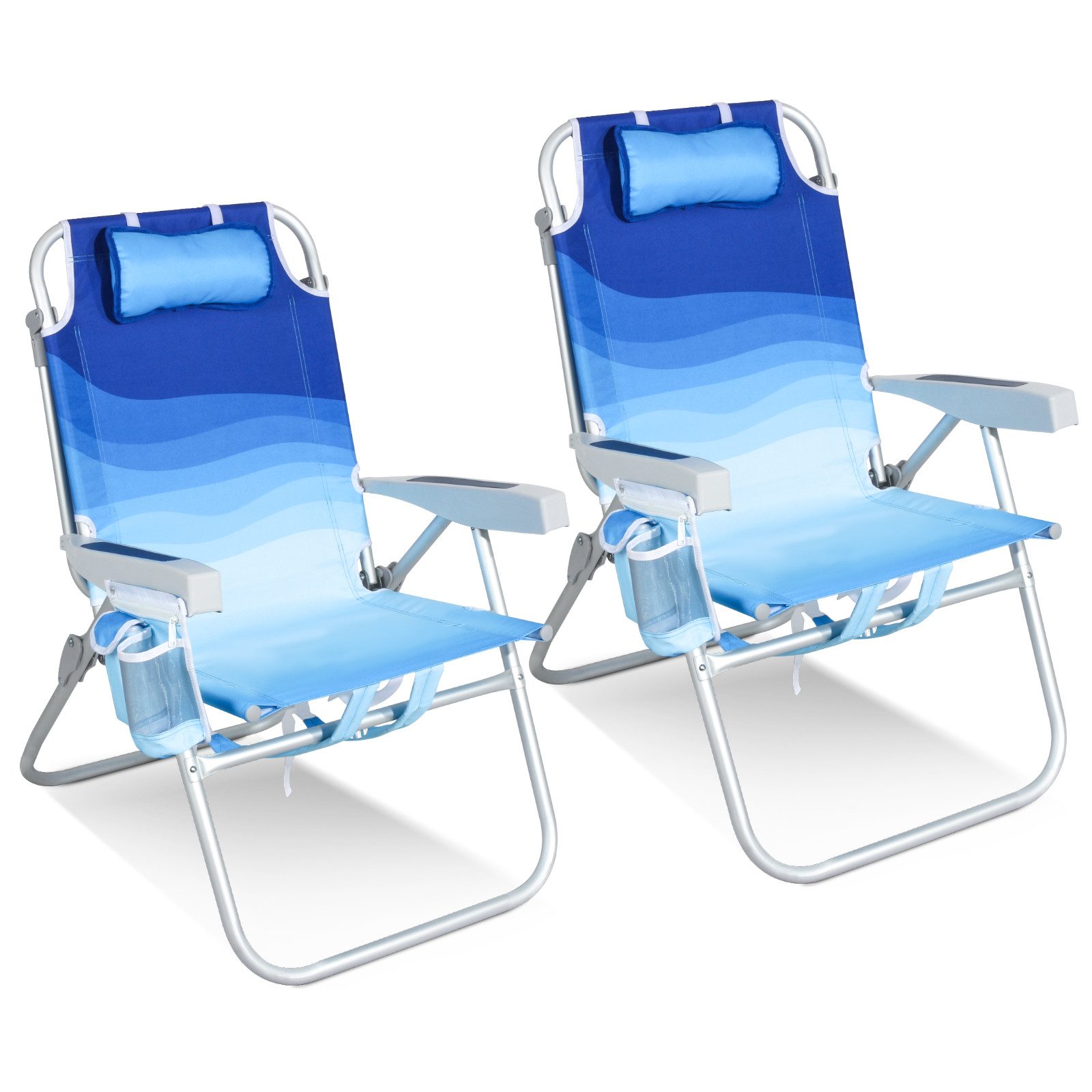 HOMECALL Klappstuhl Strandstuhl Leicht Klappbar Camping, 5-fach verstellbare Rückenlehne (Bis150KG Aluminiumrahmen, groBe Kuhitasche und Aufbewahrungstasche, 2 St), Seitentaschen, Kopfstütze, Schultergurten, Handtuchhalter