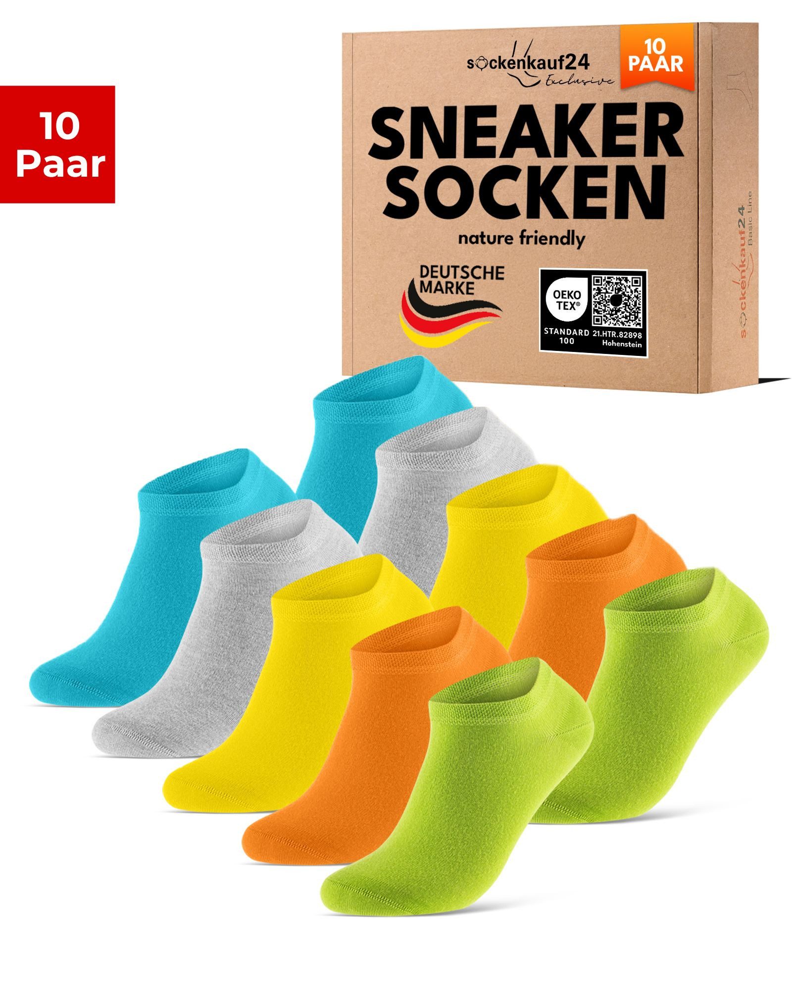 sockenkauf24 Sneakersocken Premium Sneaker Socken Herren & Damen mit Komfortbund ohne Gummidruck (Buntmix, 10-Paar, 43-46) atmungsaktive gekämmte Baumwolle, ohne Naht, Exclusive Line