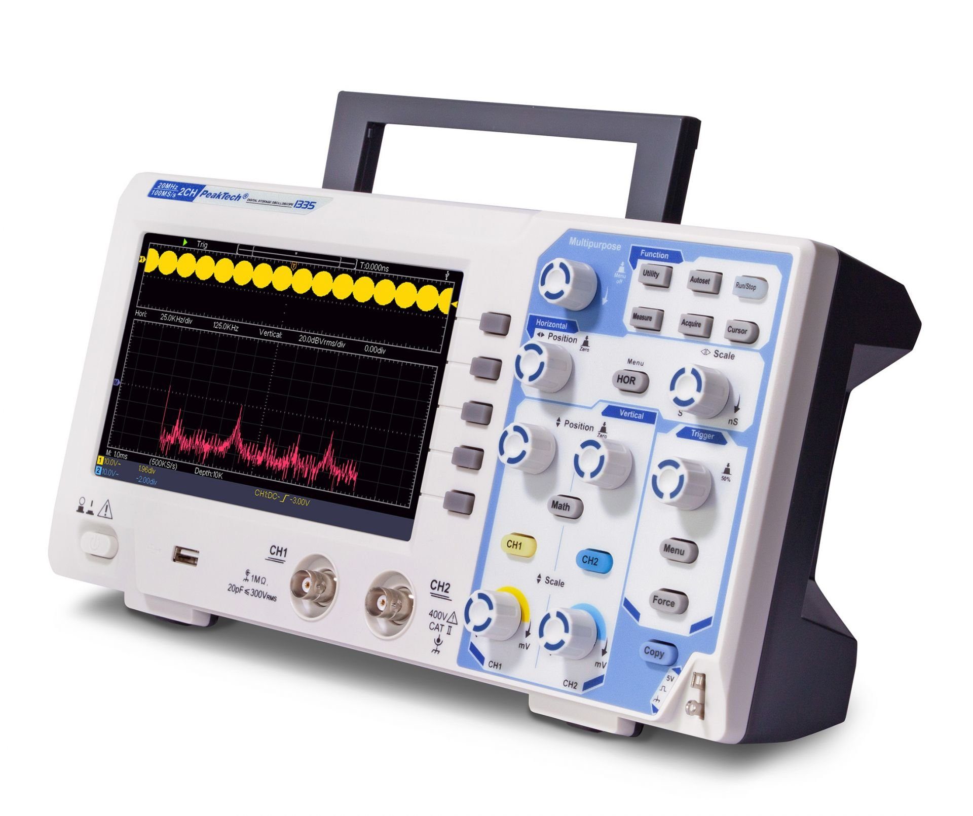 Thumbnail - PeakTech Spannungsprüfer PeakTech P 1335: 20 MHz / 2CH ~ 100 MS/s ~ Digital Speicheroszilloskop, (1 St)