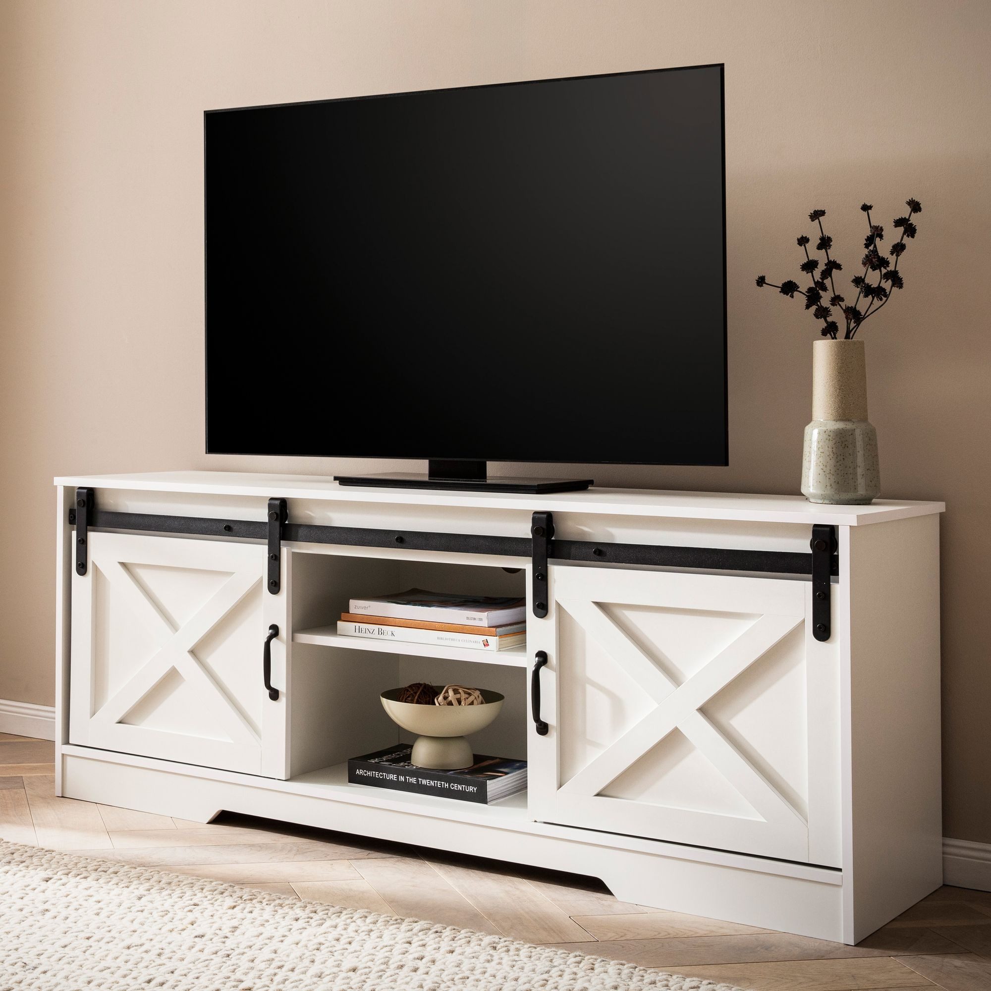 FINEBUY Lowboard FB108773 Fernsehkommode 150 cm TV Schrank Fernsehschrank Weiß Landhaus (Fernsehtisch, TV-Schrank Modern, TV-Kommode Hoch), Weiß 150x59,5x39,5 cm mit zwei Türen, Landhaus