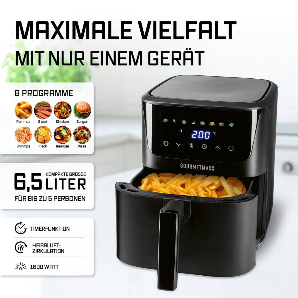 GOURMETmaxx Heißluftfritteuse GOURMETmaxx Heißluft-Fritteuse 1600W schwarz Digital 6,5l, 1600 W, GOURMETmaxx Heißluftfritteuse 6,5 Liter – Bild 4 von 5