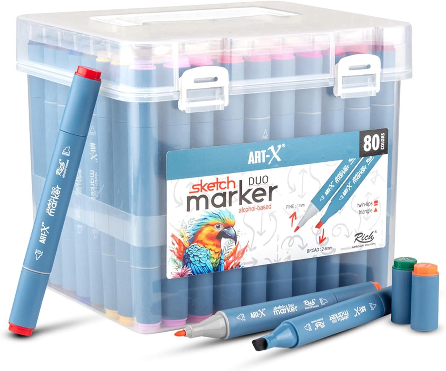 ART-X Marker Skizzen Duo Marker Set - 80 Farben, Alkoholbasis, Sketch Marker, (Marker-Set, 80-tlg., 80 Farben, Fein- & Keilspitze), Alkoholbasis; Schnelltrocknend; Lichtecht; Doppelseitig