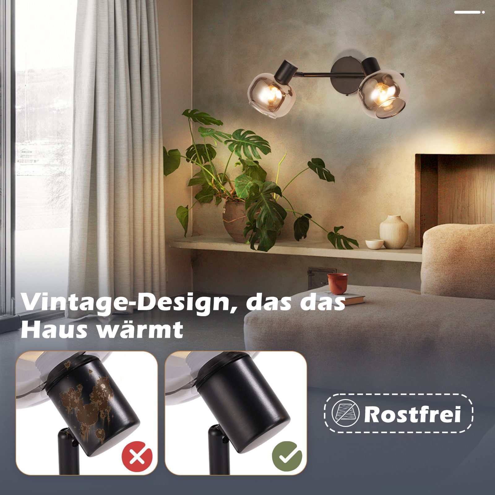 ZMH Deckenleuchte Wohnzimmer 350° Drehbar Rauchgrau Glas Retro Flurlampe fü günstig online kaufen