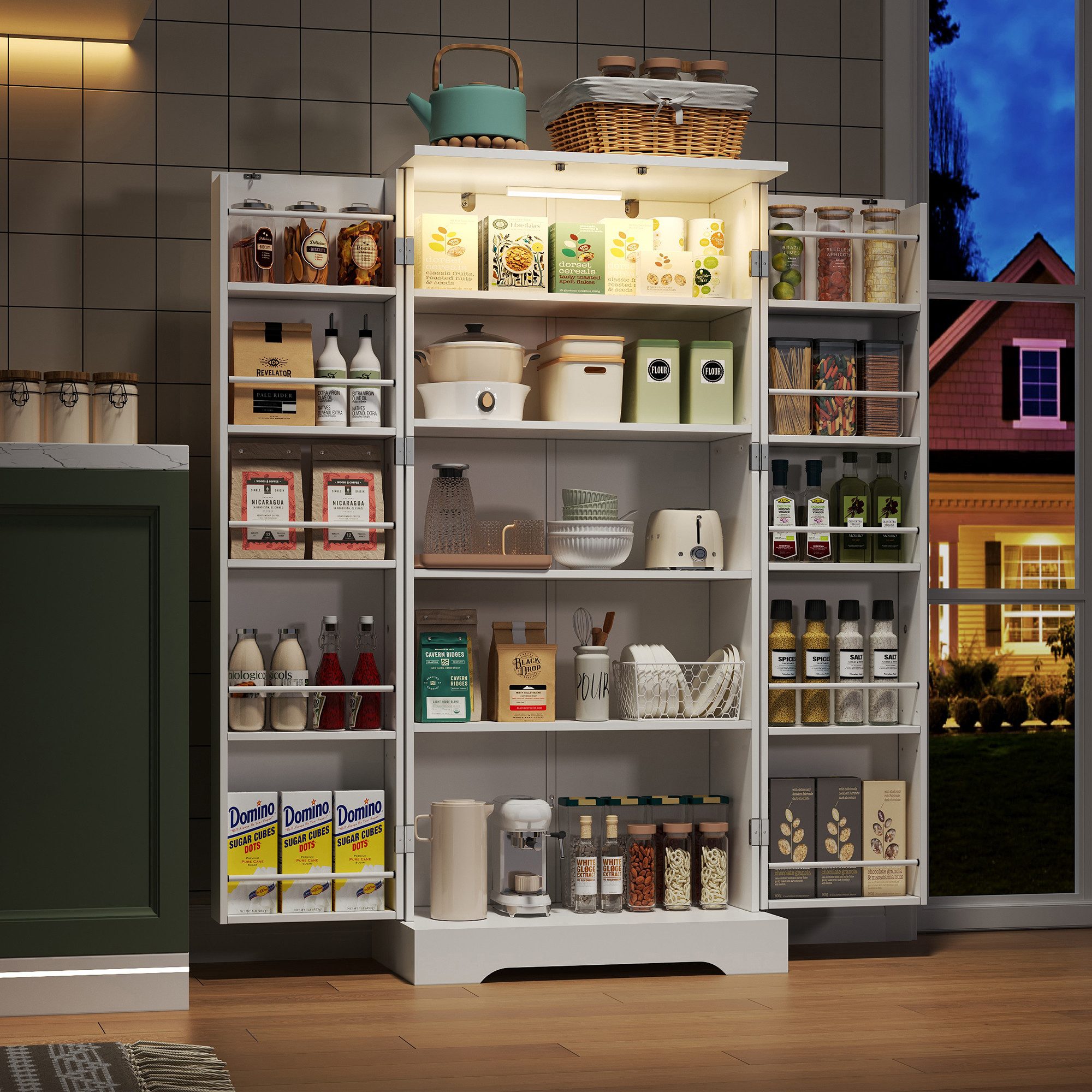 Flieks Hochschrank Küchenschrank mit LED-Sensorleuchte und verstellbaren Einlegeböden (1-St., B60/T35/H128 cm) Speiseschrank mit Türablagen Mehrzweckschrank Hol – Bild 2 von 5