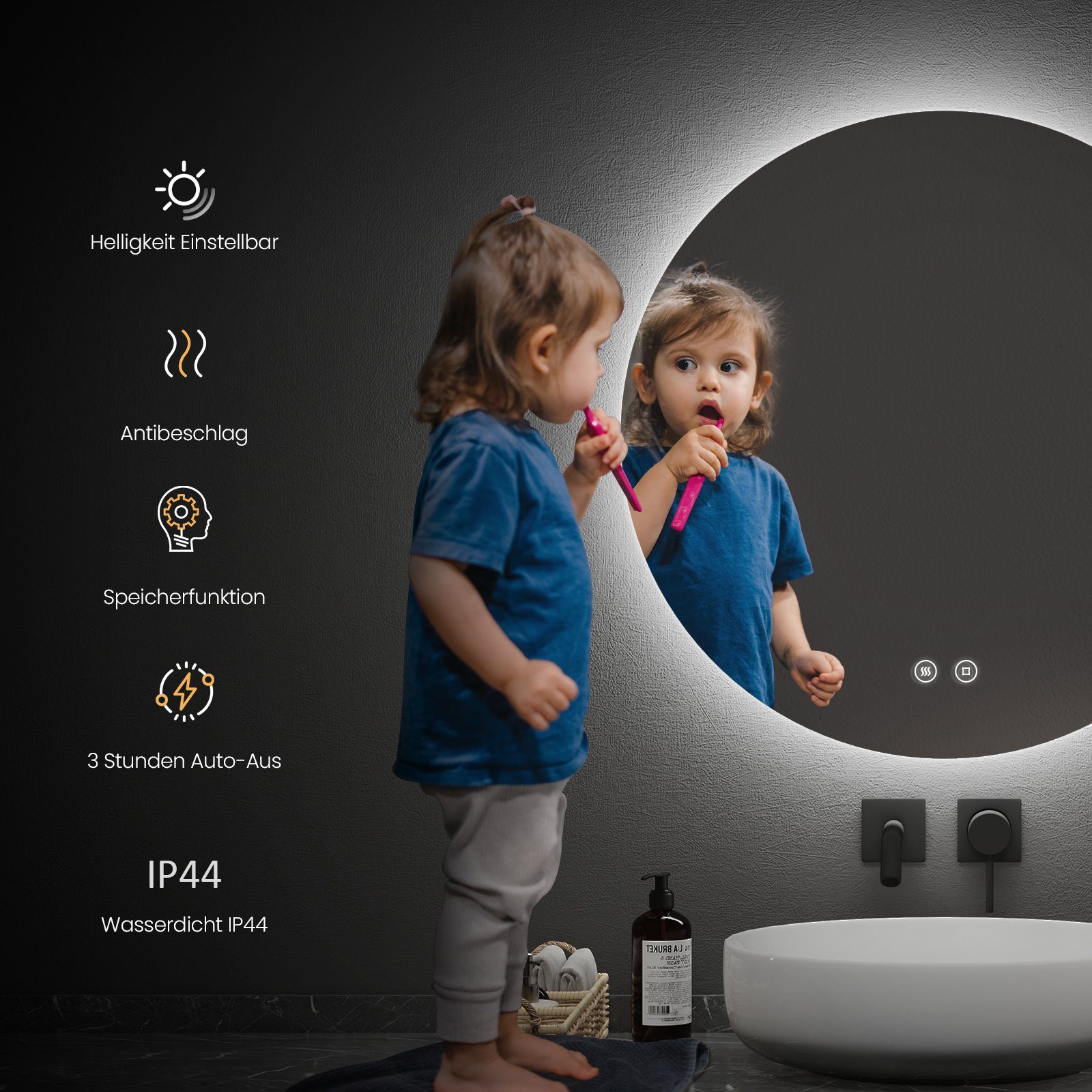 EMKE Badspiegel Antibeschlage Badezimmerspiegel mit Beleuchtung Memory-Funktion,IP44,Φ cm Einstellbar, 50-70 Lichtspiegel, Helligkeit Energiesparend 6500K