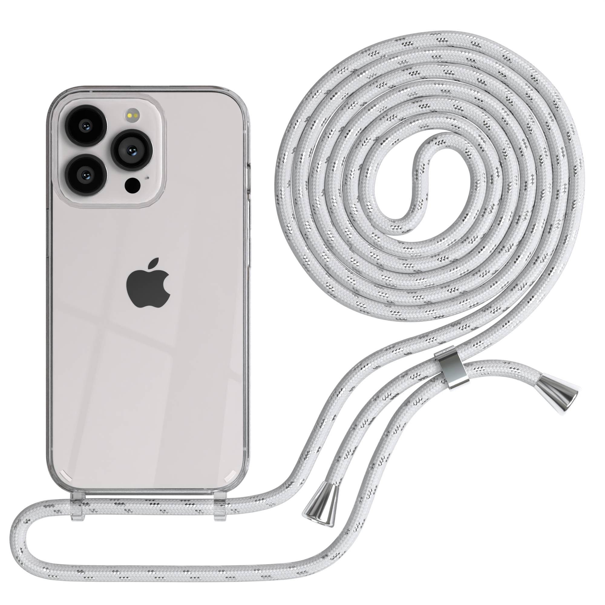 EAZY CASE Handykette Hülle mit Kette für Apple iPhone 13 Pro 6,1 Zoll, Hülle Smartphonekette für Unterwegs Festivalhülle Transparent Weiß