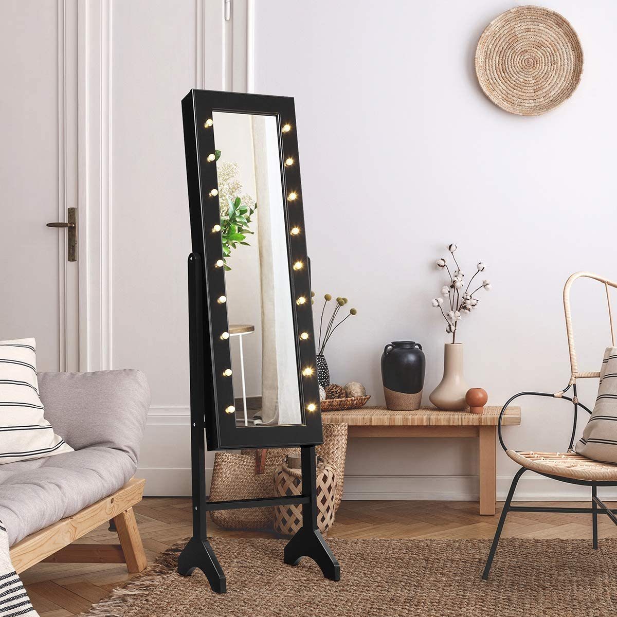 Schmuckschrank neigbar, COSTWAY Spiegel, stehend, Schwarz LED mit 35×31,5x145cm und