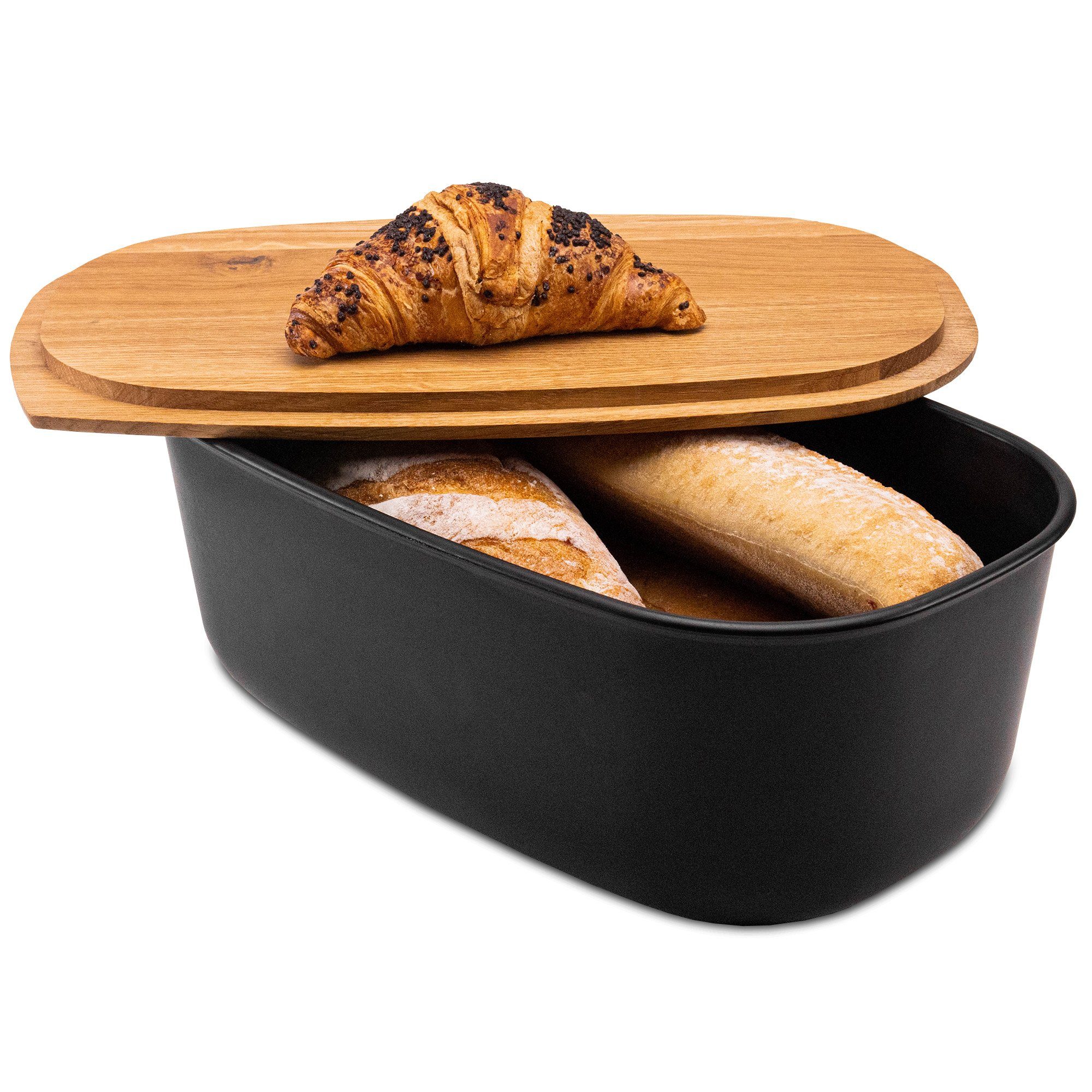 KONZEPT Brotkasten Brotkasten mit Schneidebrett aus Holz 2in1 Brotbox, Groß, BPA-frei, europäische Produktion Schwarz