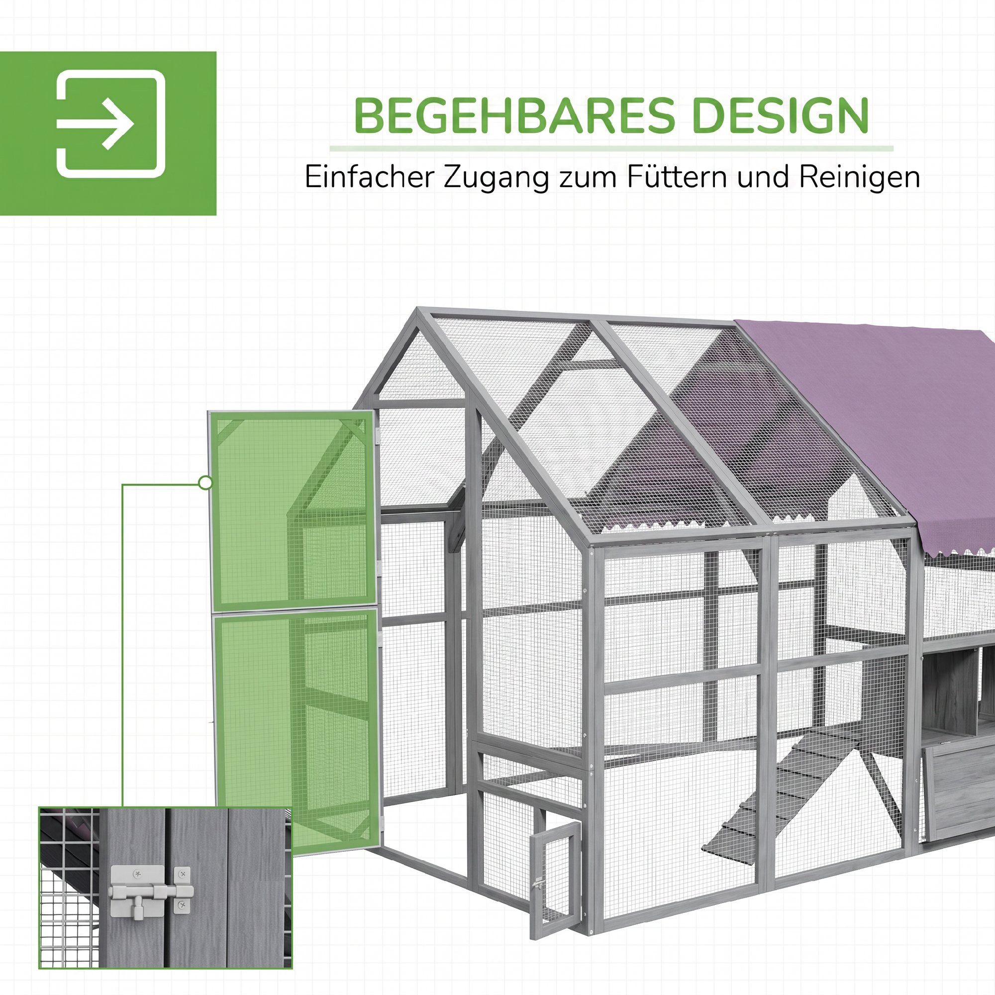 PawHut Hühnerstall Freilaufgehege Holz mit Freilauf, Sicherheitsschloss, 280 x 185,5 x 188 cm Außengehege für 8-12 Hühner, Grau – Bild 5 von 5