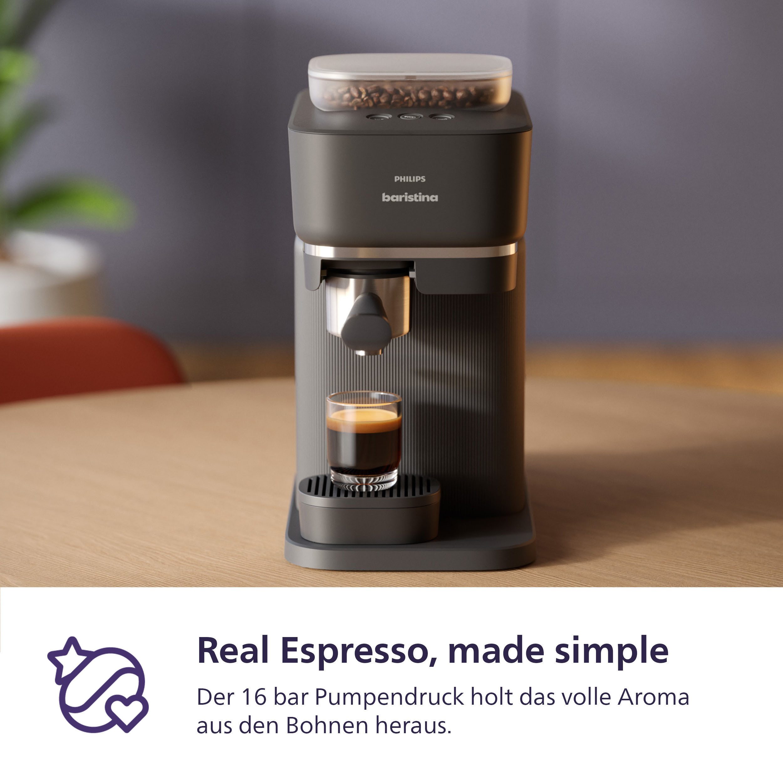 PHILIPS baristina Espressomaschine BAR308/60 mit Mahlwerk für ganze Bohnen, Milchaufschäumer inkl., 16 bar Pumpendruck, Schwarzgrau – Bild 5 von 5