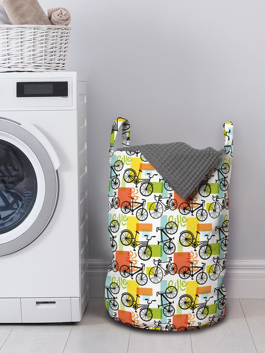 Kordelzugverschluss mit Waschsalons, bunt und Wäschesäckchen Griffen Fahrrad Wäschekorb für Geometrische Abakuhaus