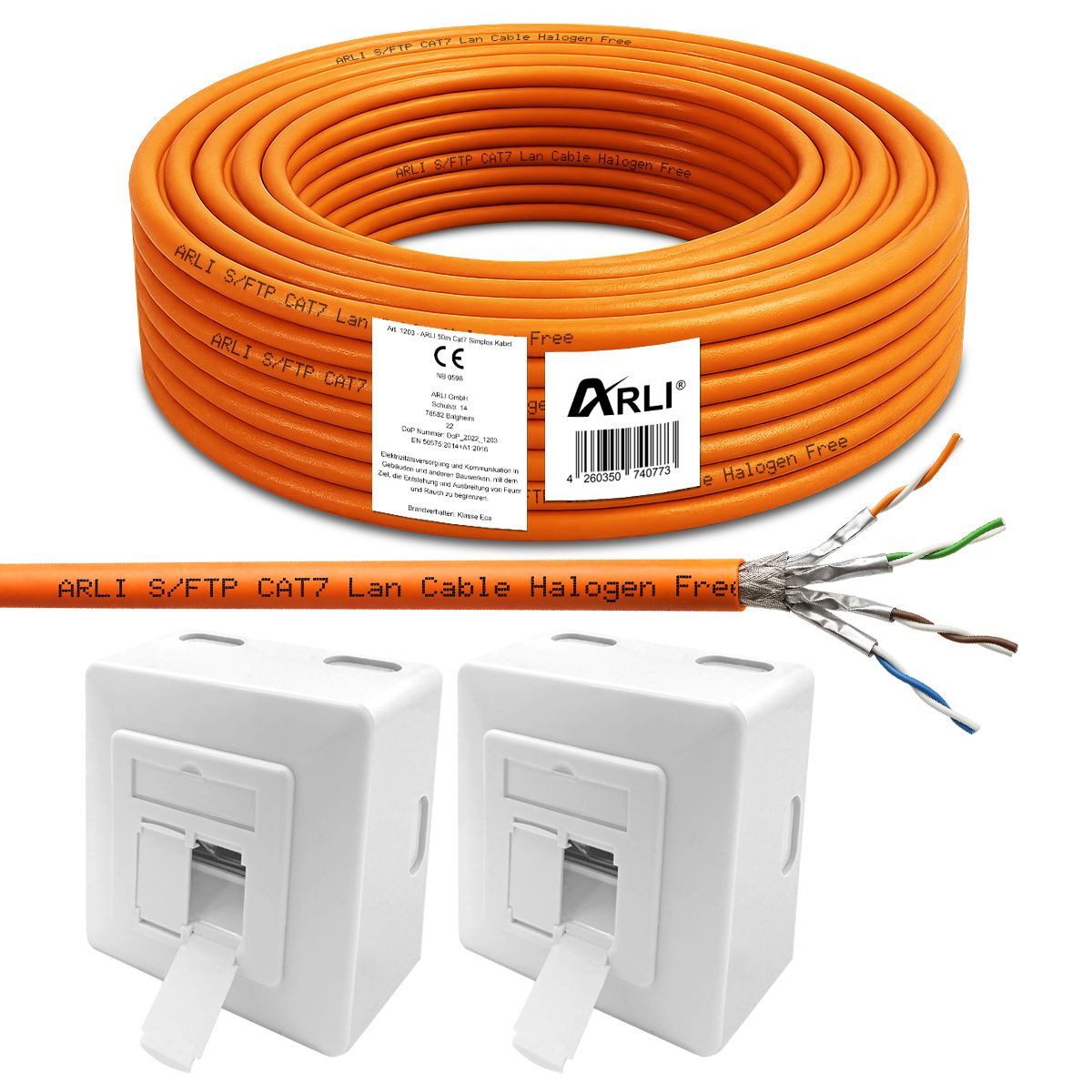 ARLI Netzwerk-Adapter, Cat7 Verlegekabel 50 m Nalogenfrei Netzwerkkabel + 2x Netzwerkdose