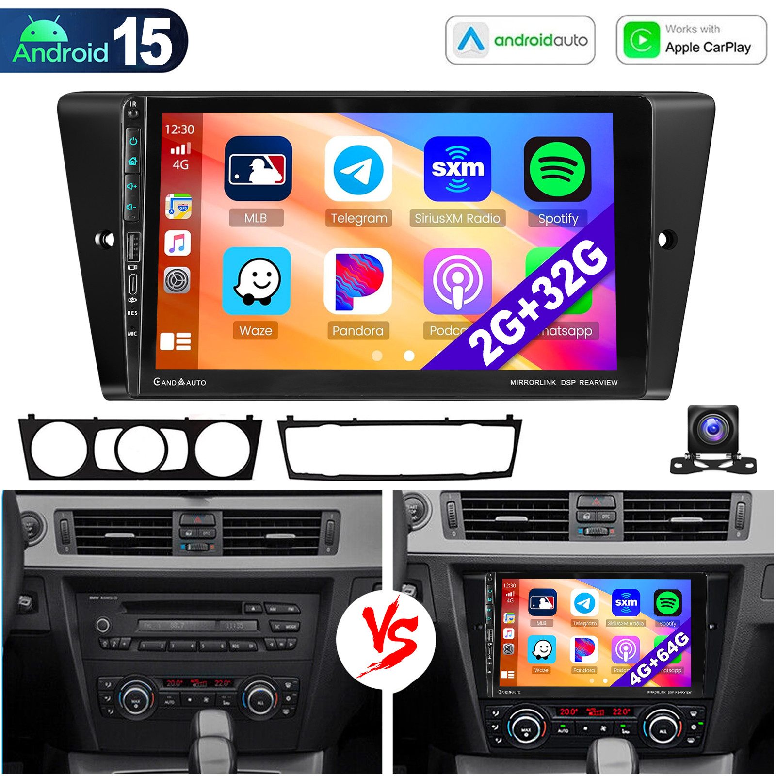 ESSGOO Für BMW 3ER E90 E91 E92 E93 Carplay RDS Android 15 Autoradio GPS Navi Autoradio (RDS, 4+64GB(optional), DAB (optional), FM, AM, DAB+ (optional), Carplay Android Auto Bluetooth EQ USB GPS Navi WIFI Touchscreen)