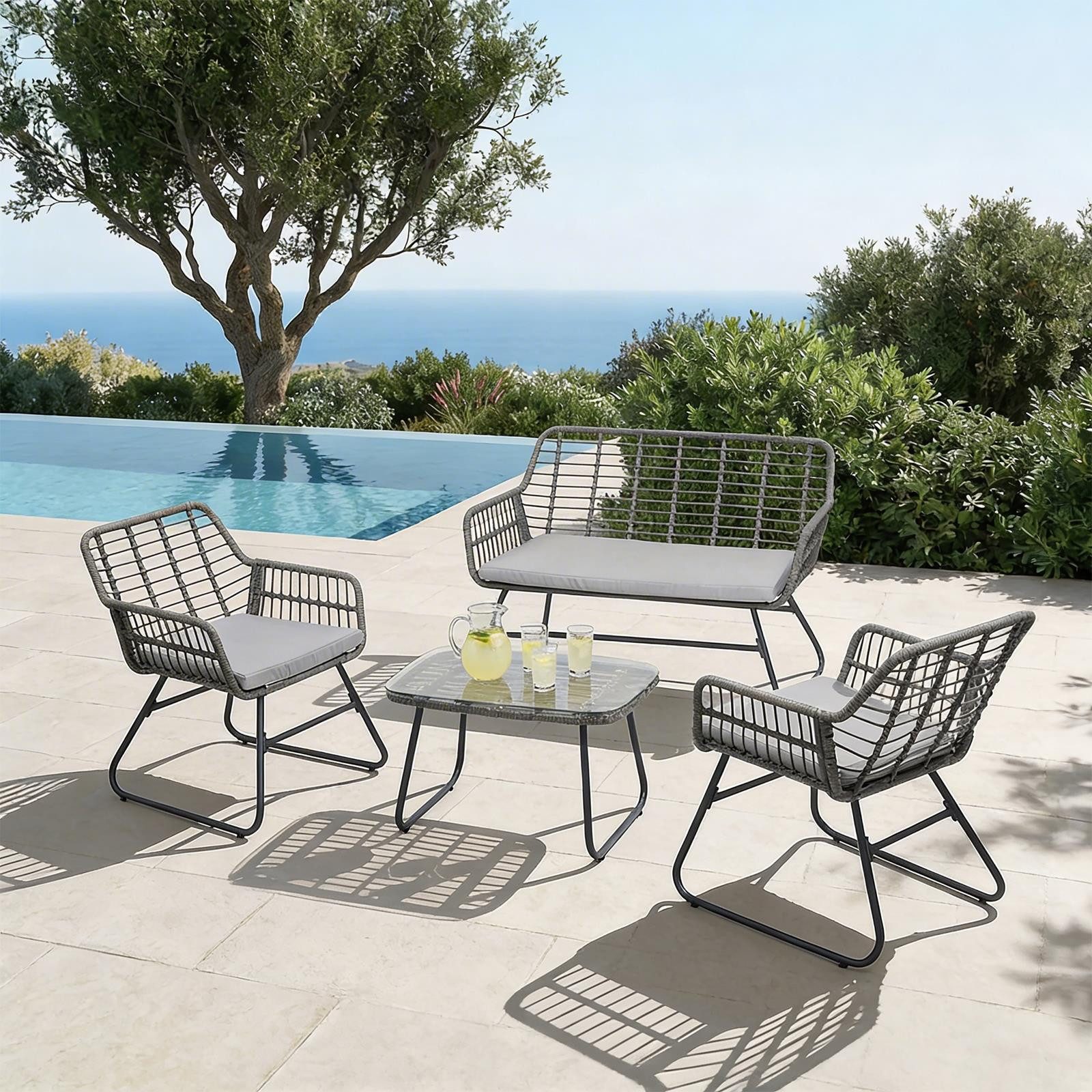 IDIMEX Gartenlounge-Set RIVIERA, (4-tlg), Outdoor Lounge Set mit Zweisitzer, 2 Sesseln und Beistelltisch grau