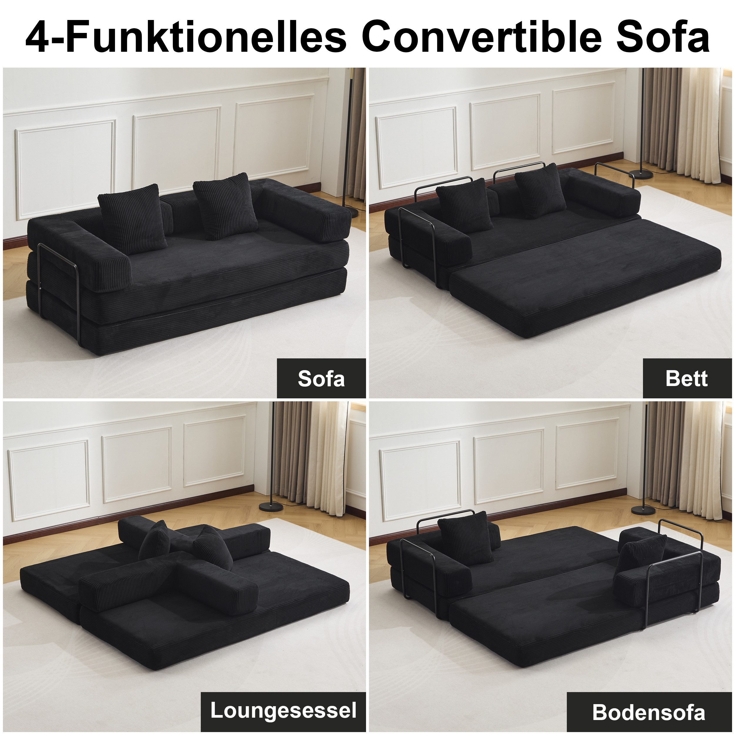 Vankel Loungesofa Faltbares Schlafsofa, bequemes Cord Bodensofa für kleine Räume, 4-in-1 Klappsofa für Wohnzimmer, Schlafzimmer, Büro oder Gäste