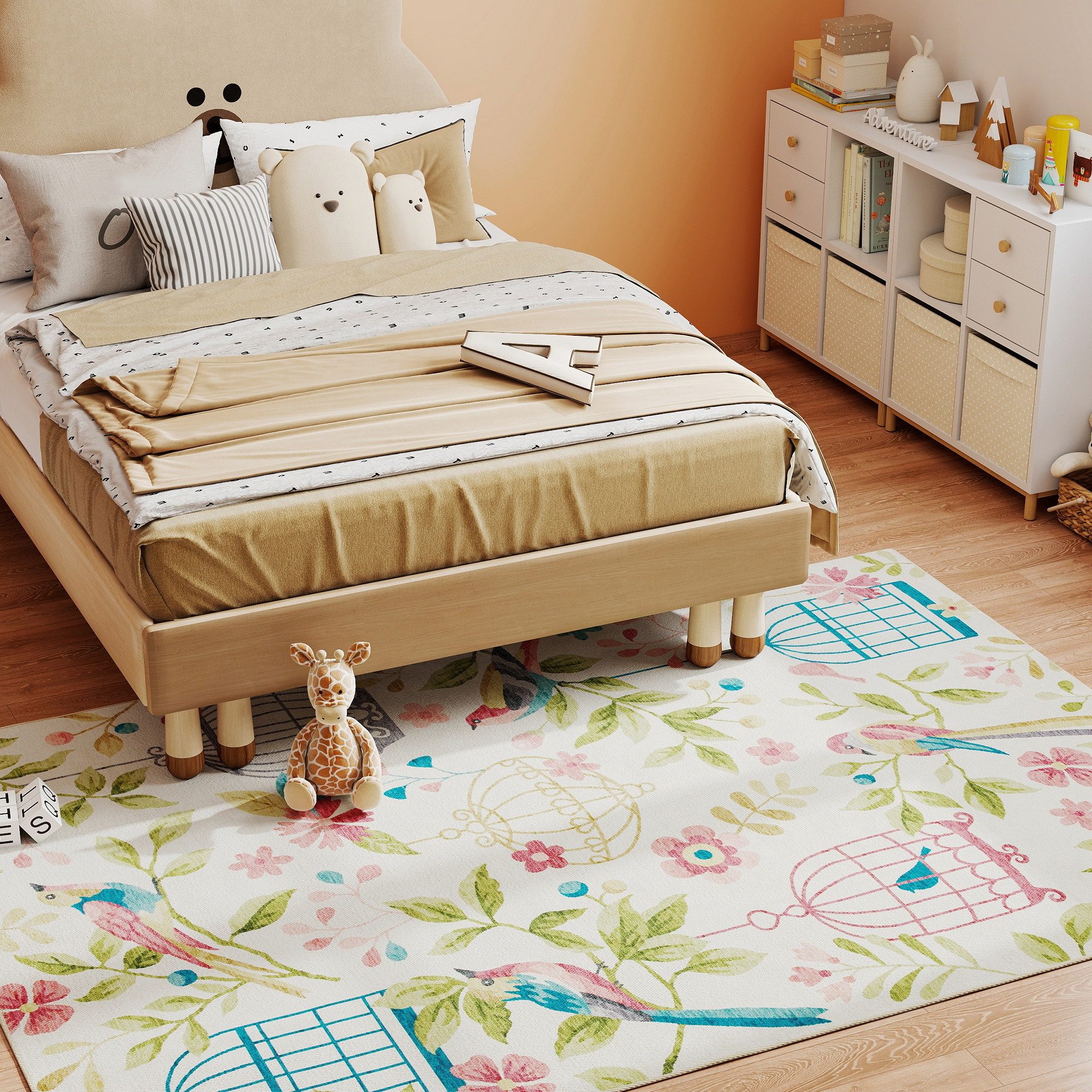 HOMCOM Teppich maschinenwaschbarer Wohnzimmerteppich rutschfester Flächenteppich, Rechteckig, Höhe: 7 mm, für Schlafzimmer, Wohnzimmer, Cremeweiß+Rosa