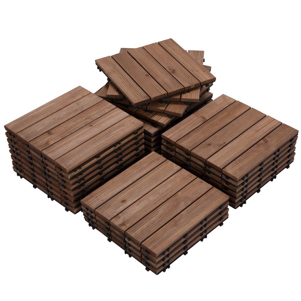 Yaheetech Holzfliesen 27 Stück 30 × 30 cm aus Tannenholz mit Stecksystem, Terrassenfliesen mit Drainagesystem wetterfest ca. 2,6 m²