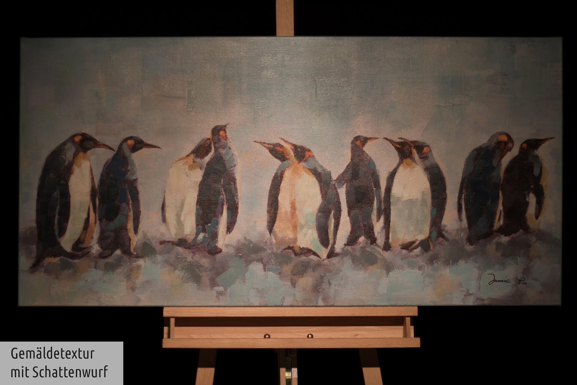 KUNSTLOFT Gemälde Kreis 120x60 der Leinwandbild cm, Pinguine Wandbild 100% HANDGEMALT Wohnzimmer